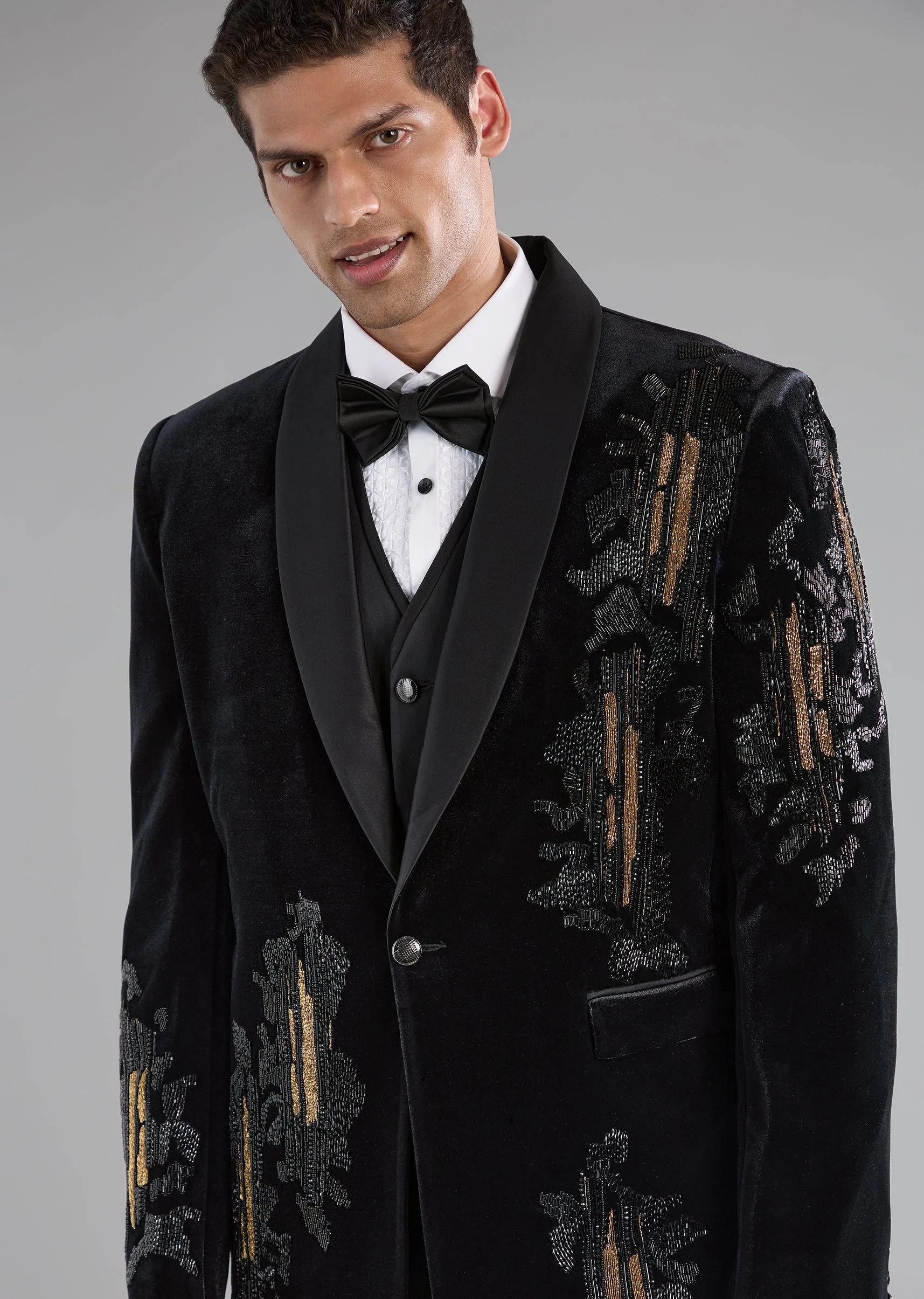 Black Velvet Tuxedo with Zardozi Embellished Detail - Image 2