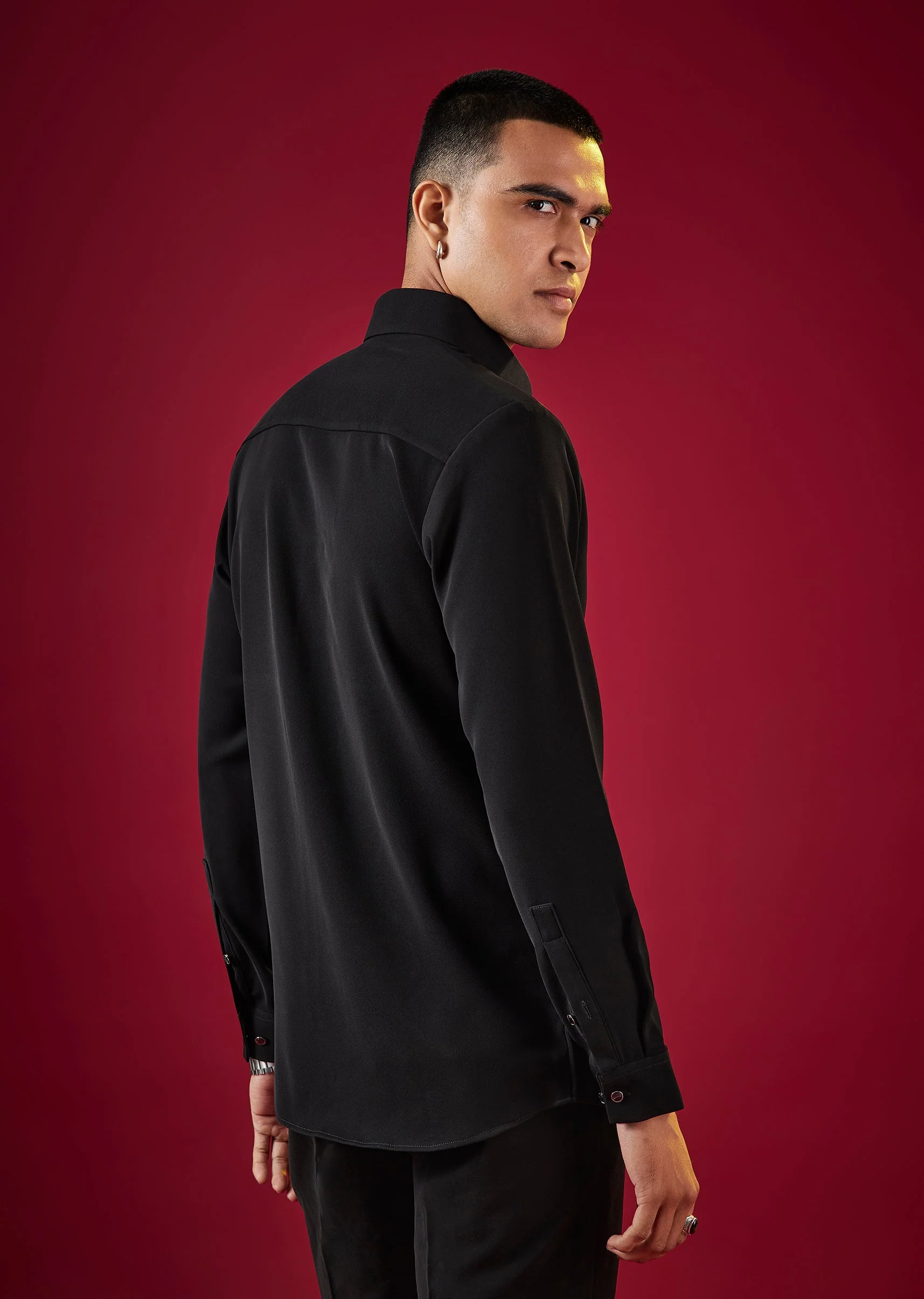 Black Viscose Cutdana And Bead Embroidered Mens Shirt - Image 4