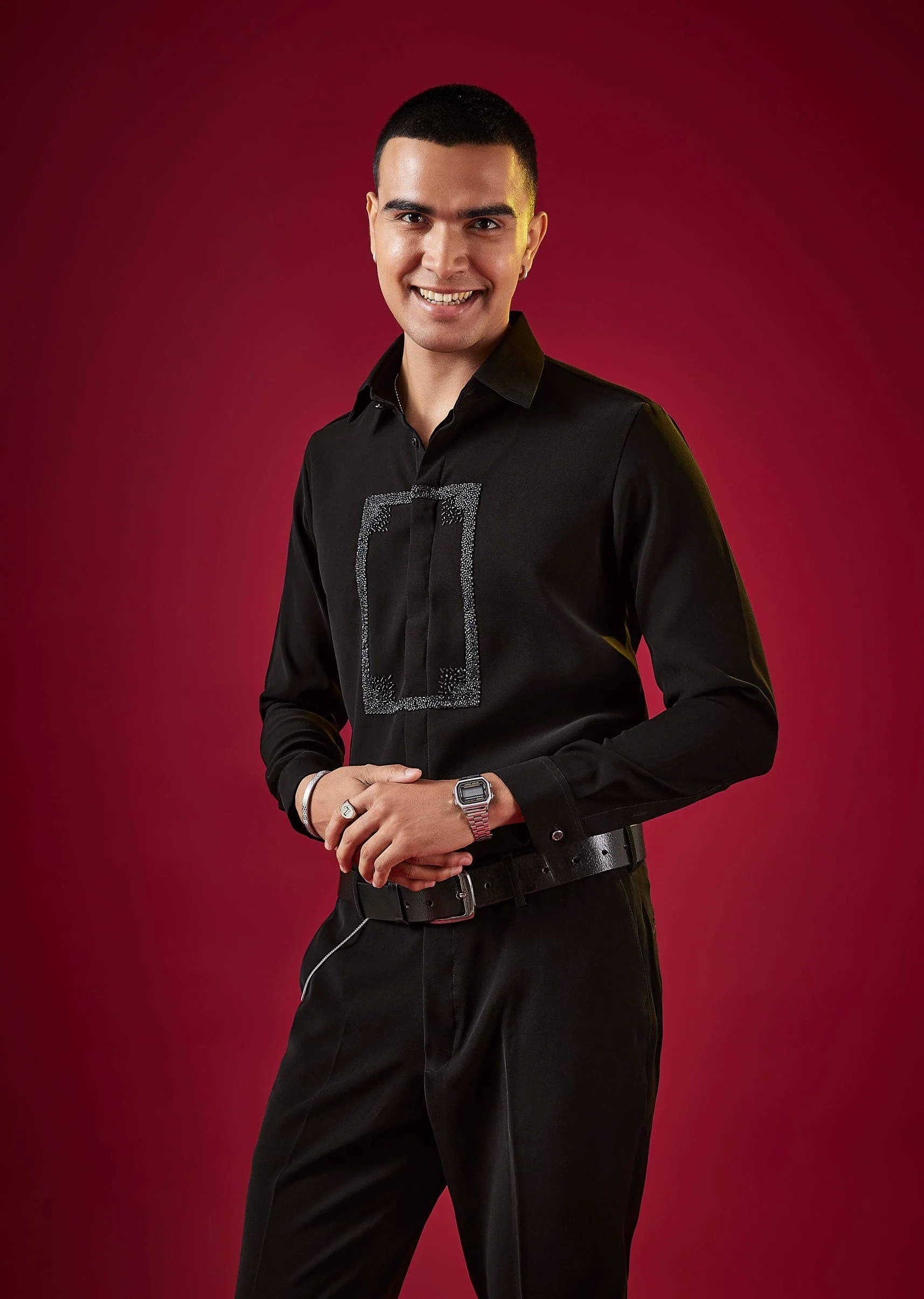 Black Viscose Cutdana Embroidered Mens Shirt - Image 4