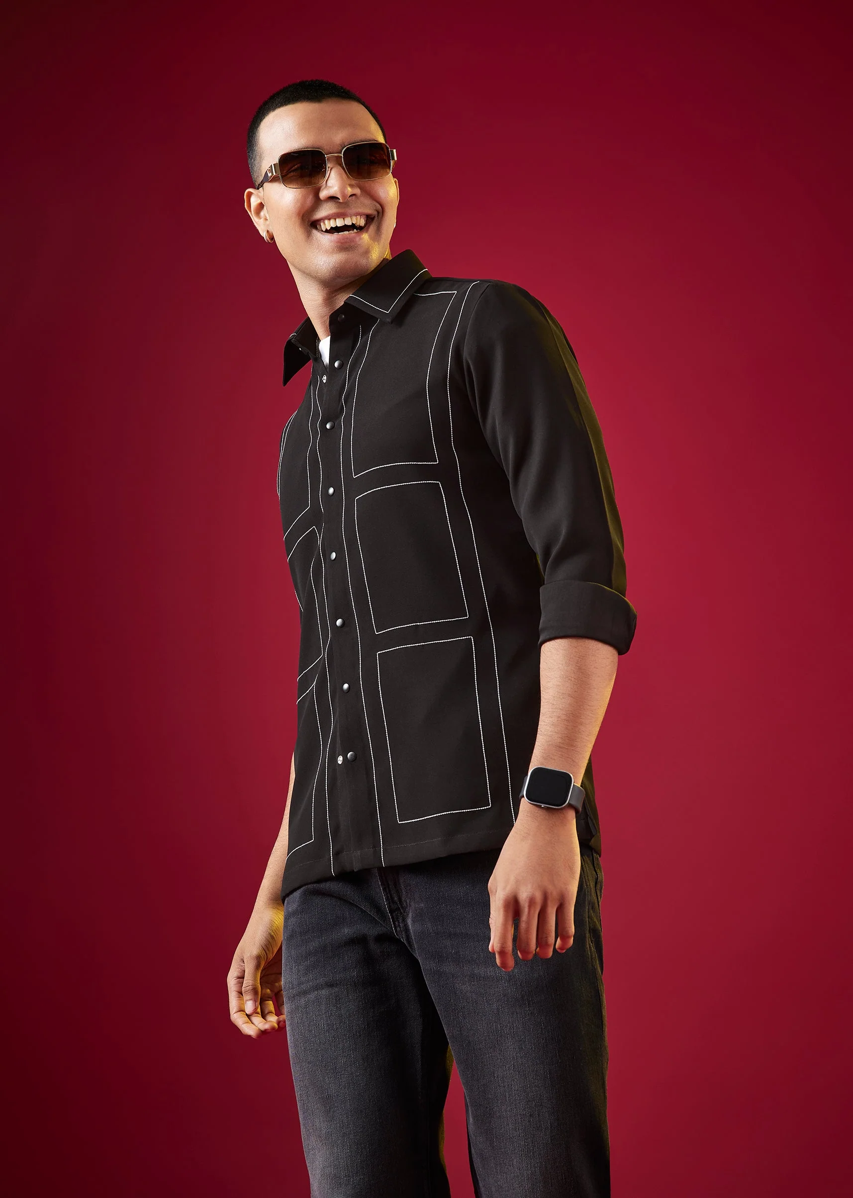 Black Viscose Mandarin Collar Checkered Mens Shirt - Image 4