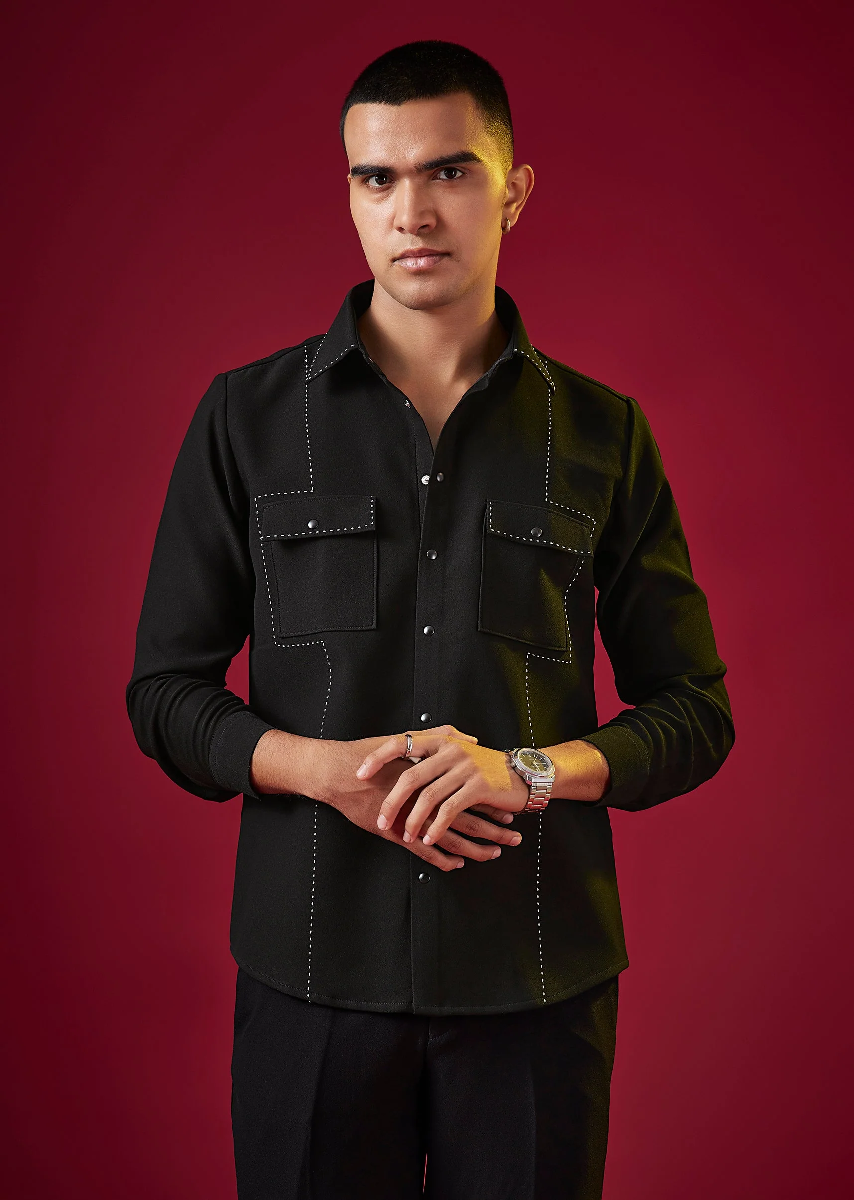 Black Viscose Resham Embroidered Mens Shirt - Image 4