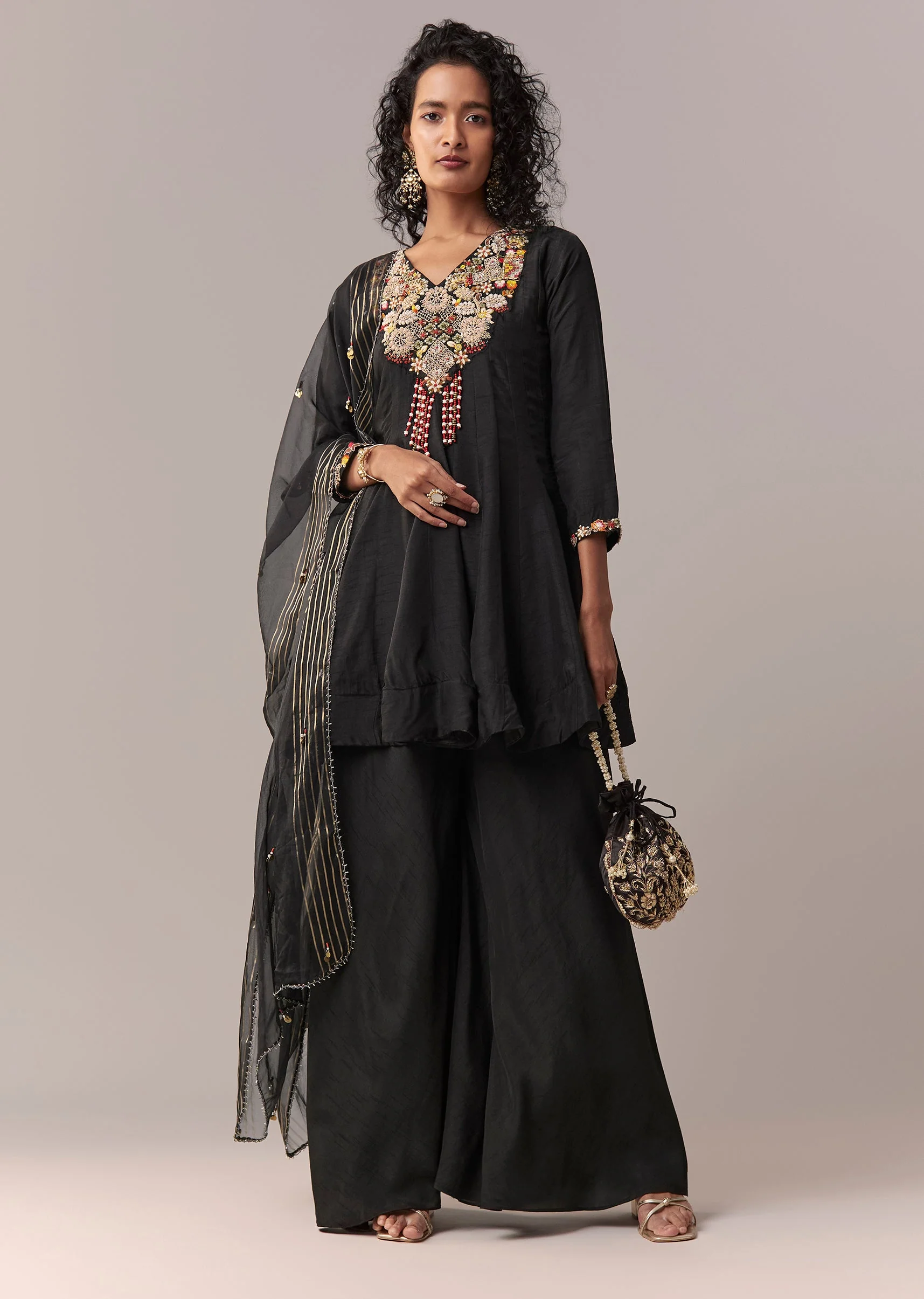 Black Zardosi And Thread Palazzo Set With Dupatta