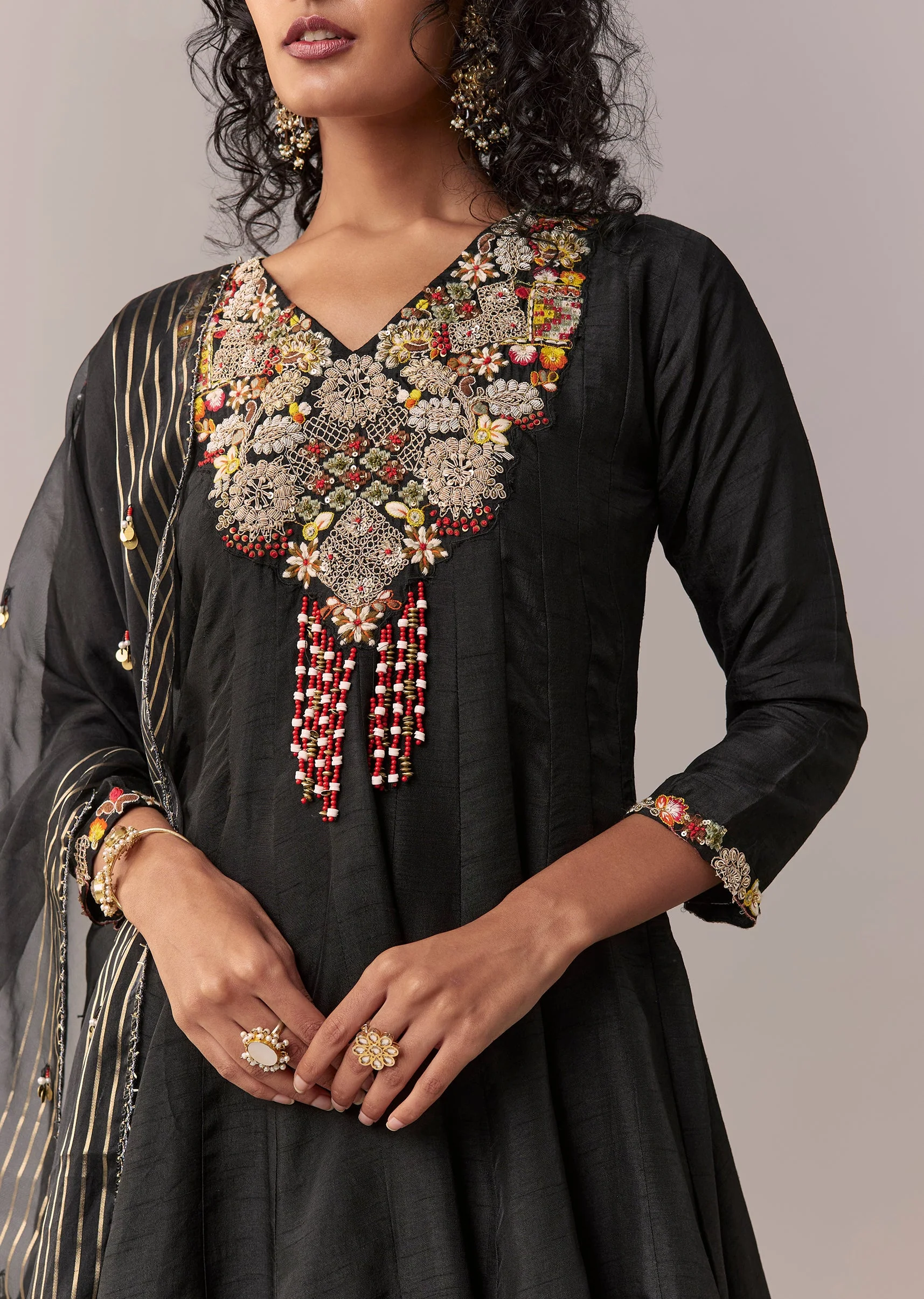Black Zardosi And Thread Palazzo Set With Dupatta - Image 2