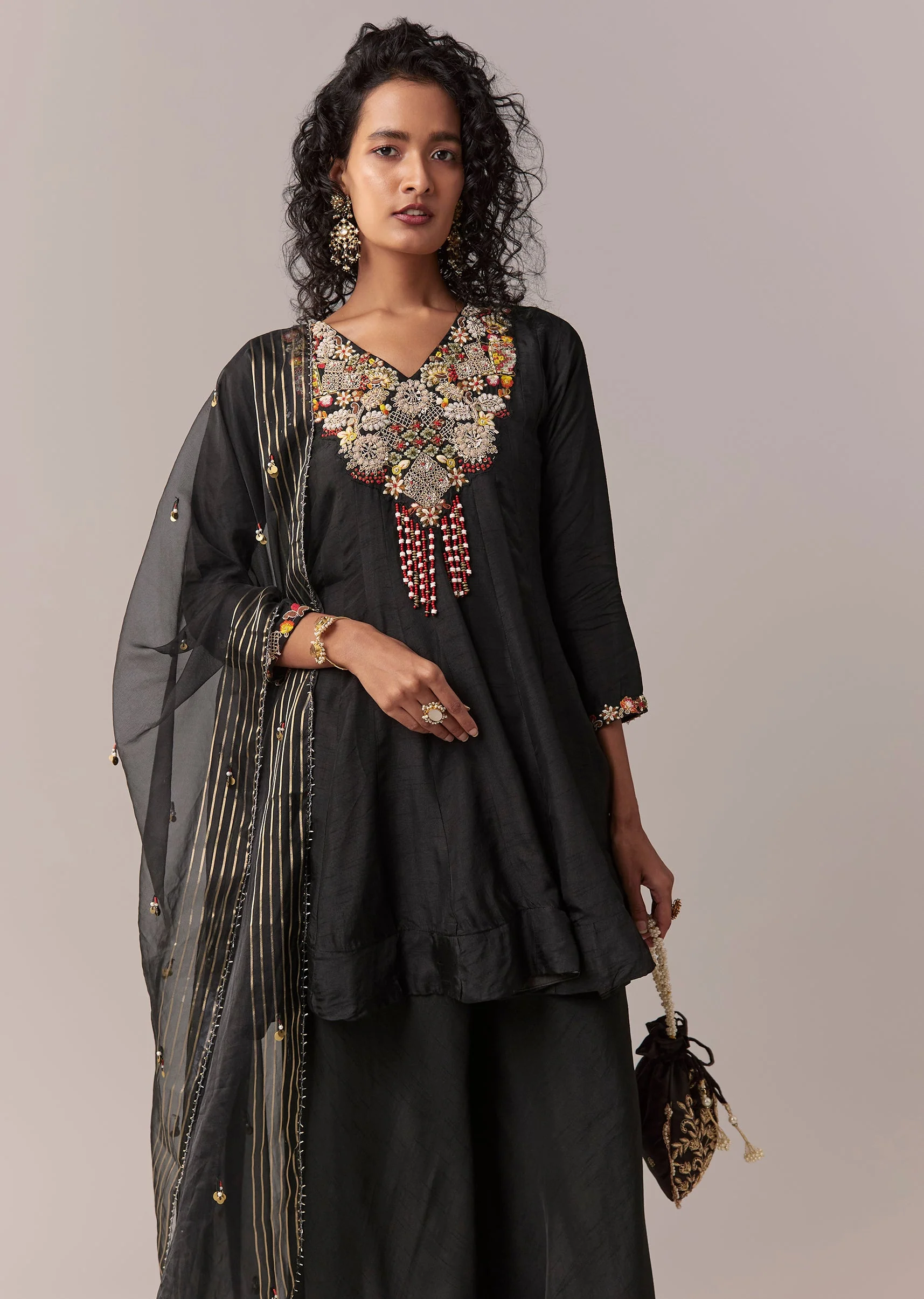 Black Zardosi And Thread Palazzo Set With Dupatta - Image 4