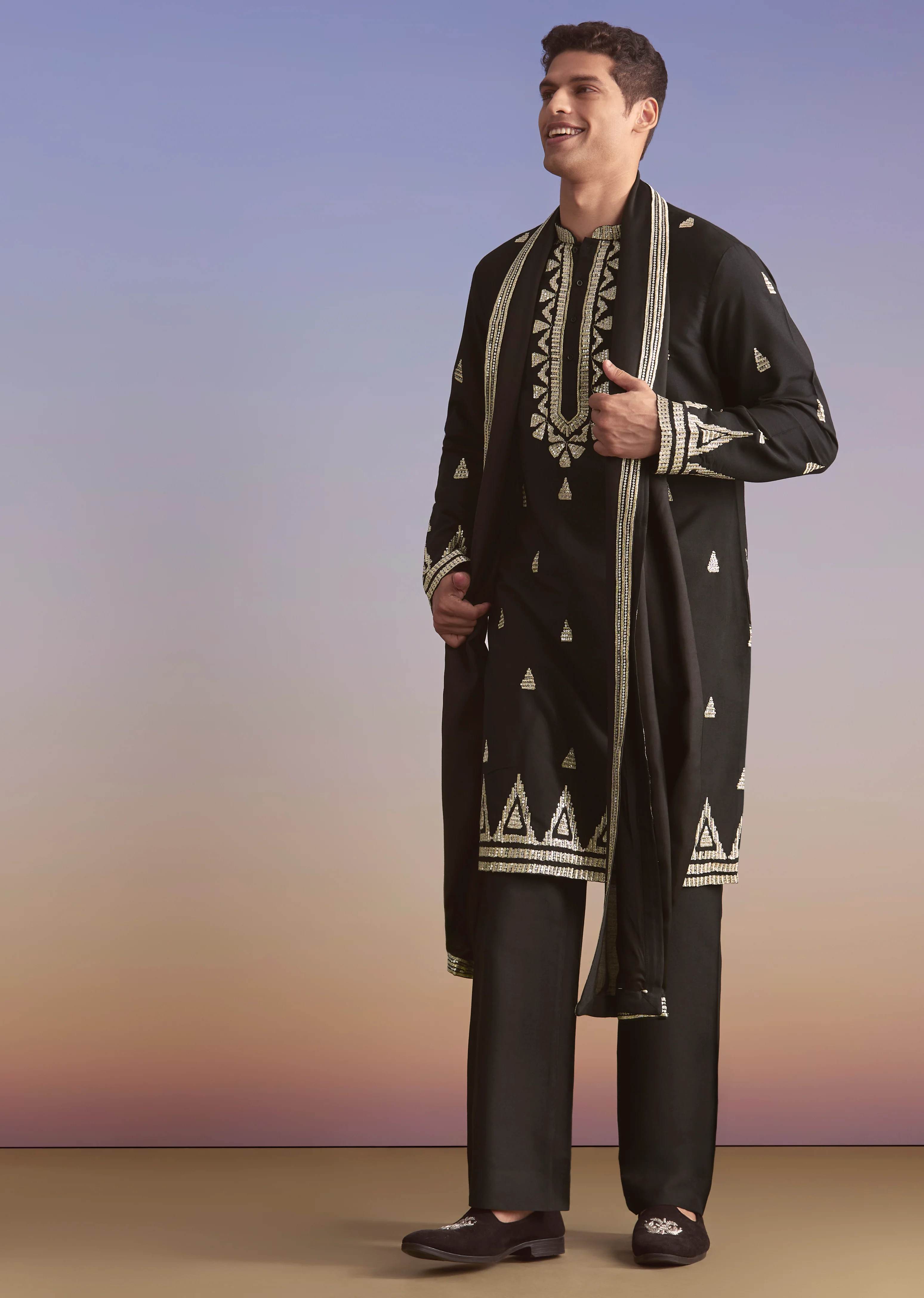 Black Zari Work Couple Set – Silk Kurta Set For Him & Georgette Palazzo Suit For Her - Image 6