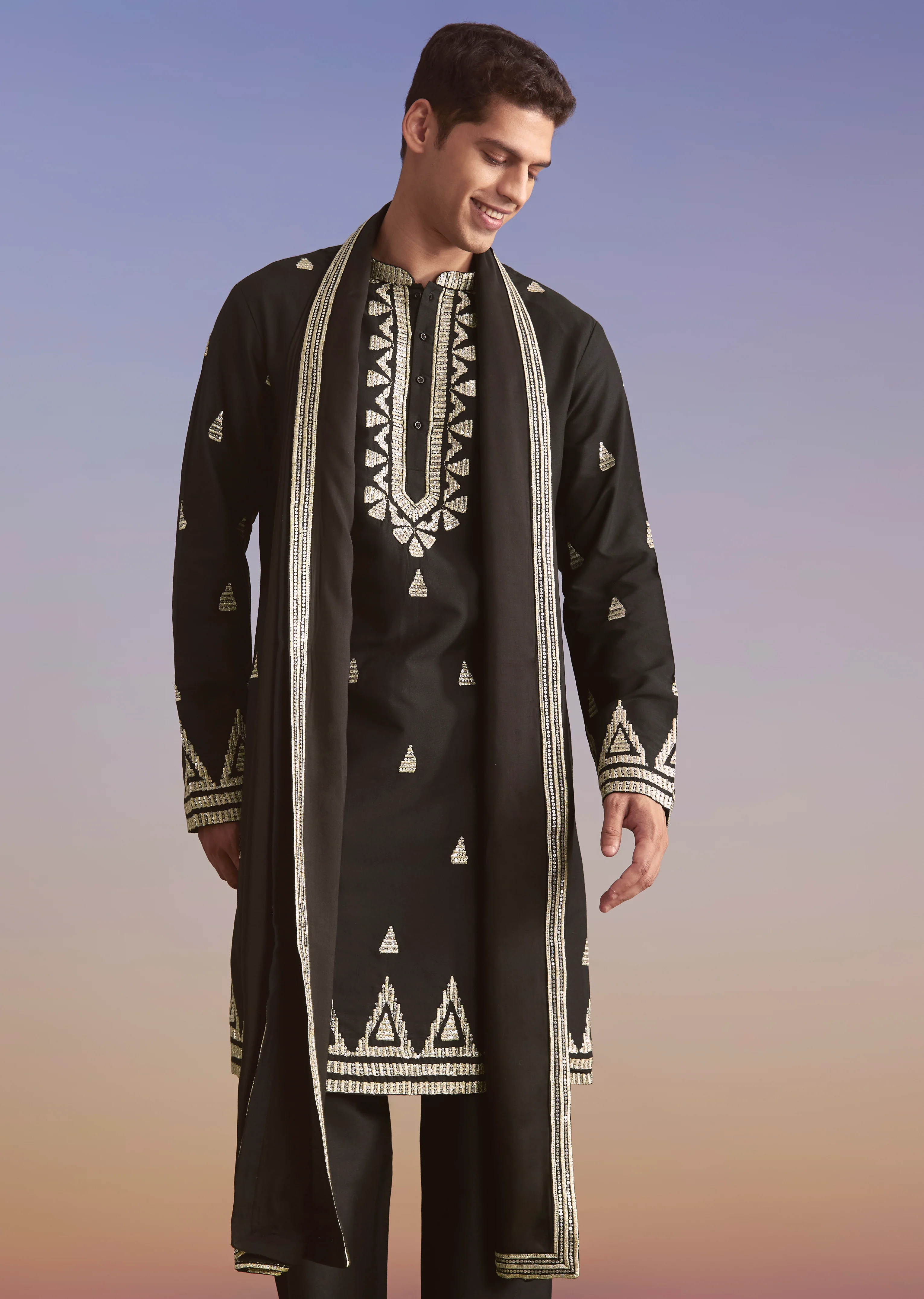 Black Zari Work Couple Set – Silk Kurta Set For Him & Georgette Palazzo Suit For Her - Image 9