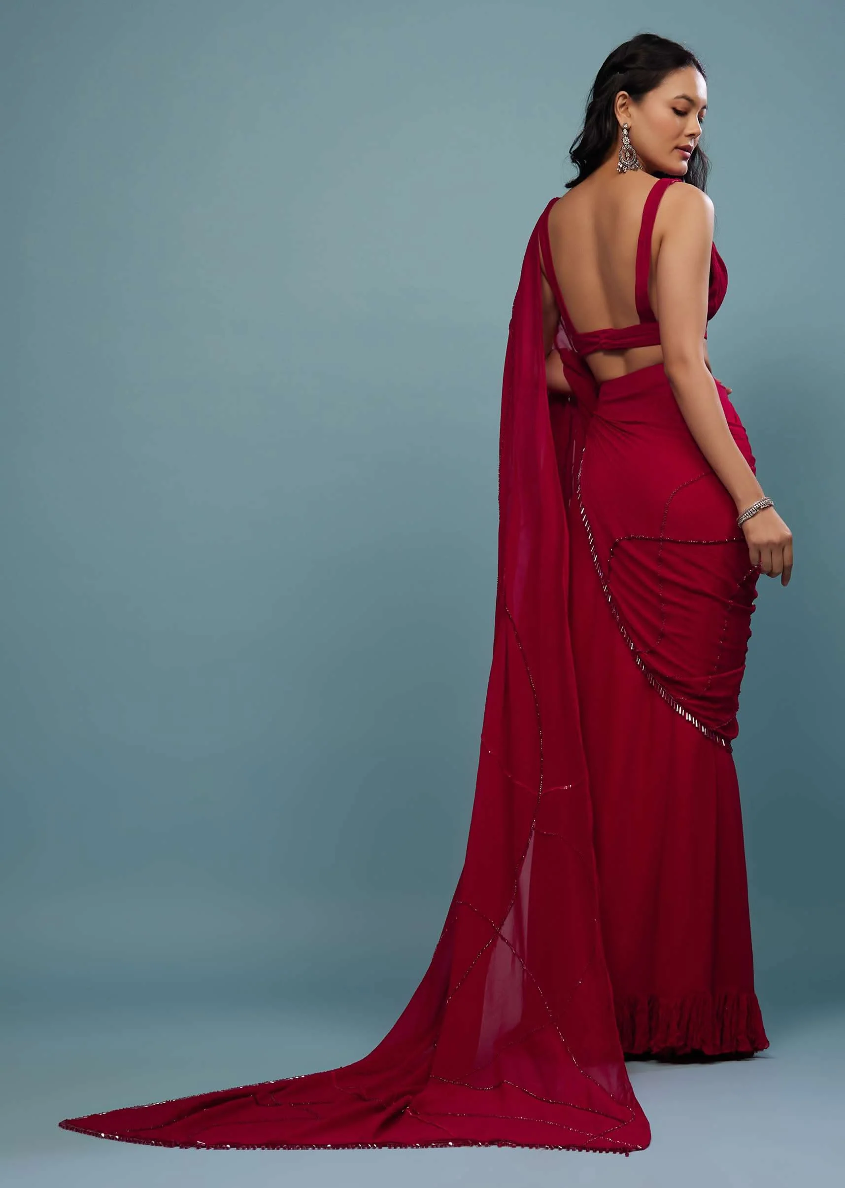 Blood Red Ready-Pleated Saree In Georgette - Image 4