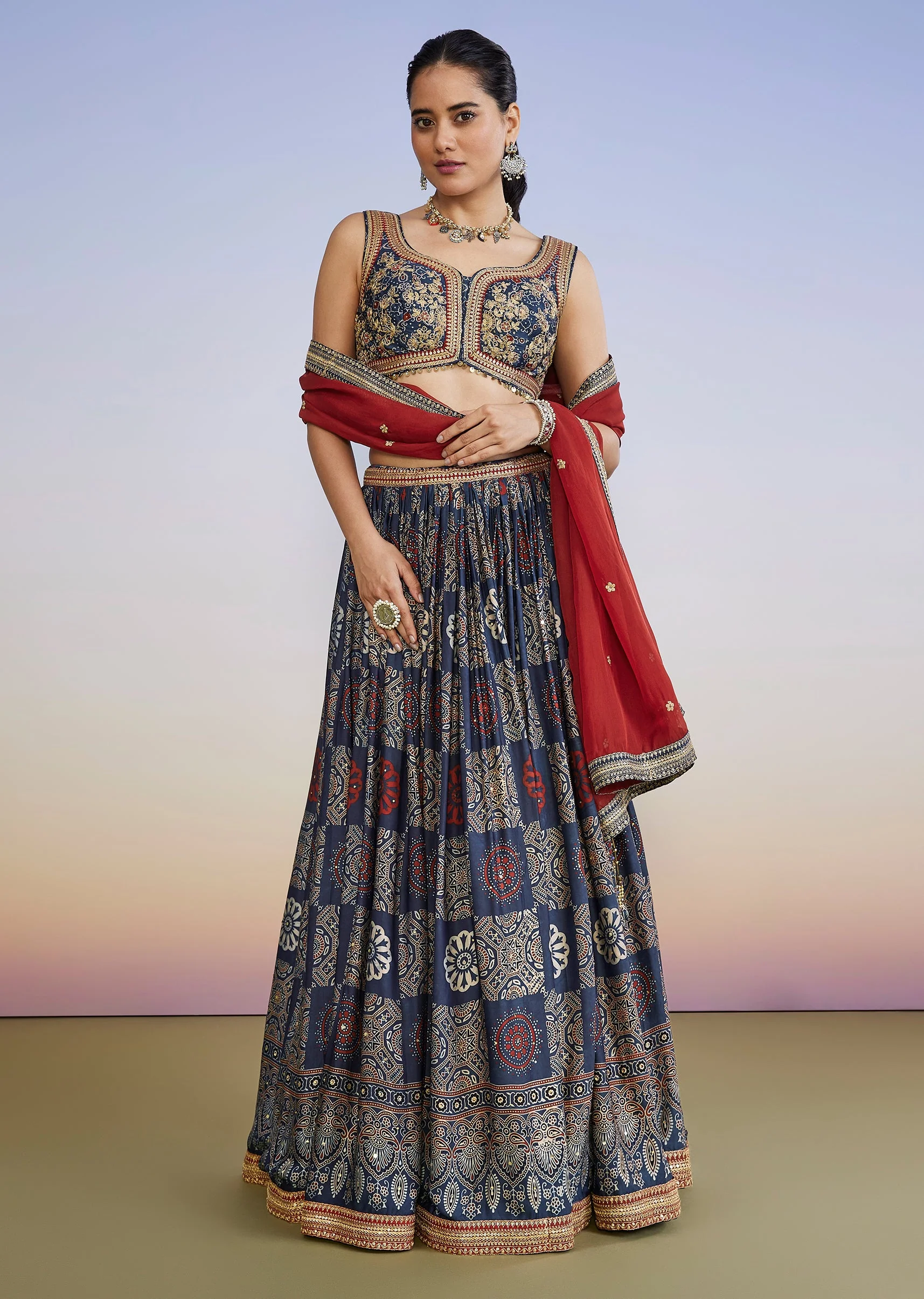 Blue Ajrakh Hand Dyed Printed Lehenga Set With Zari Dupatta