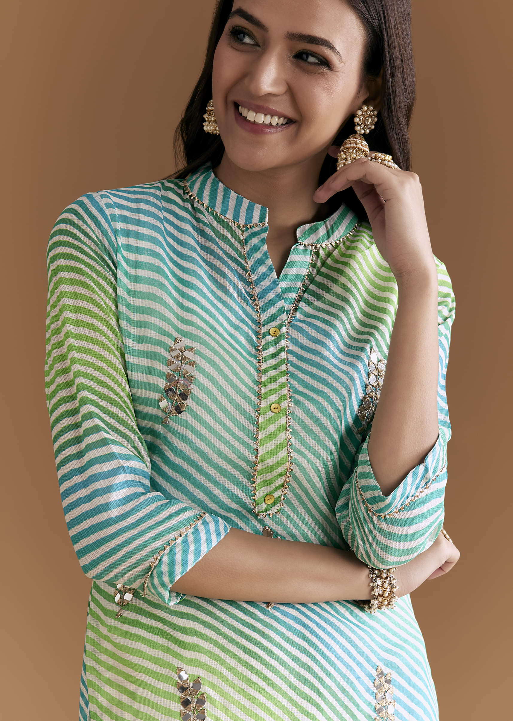 Blue And Green Cotton Kurti With Leheriya Print And Gota Work - Image 2