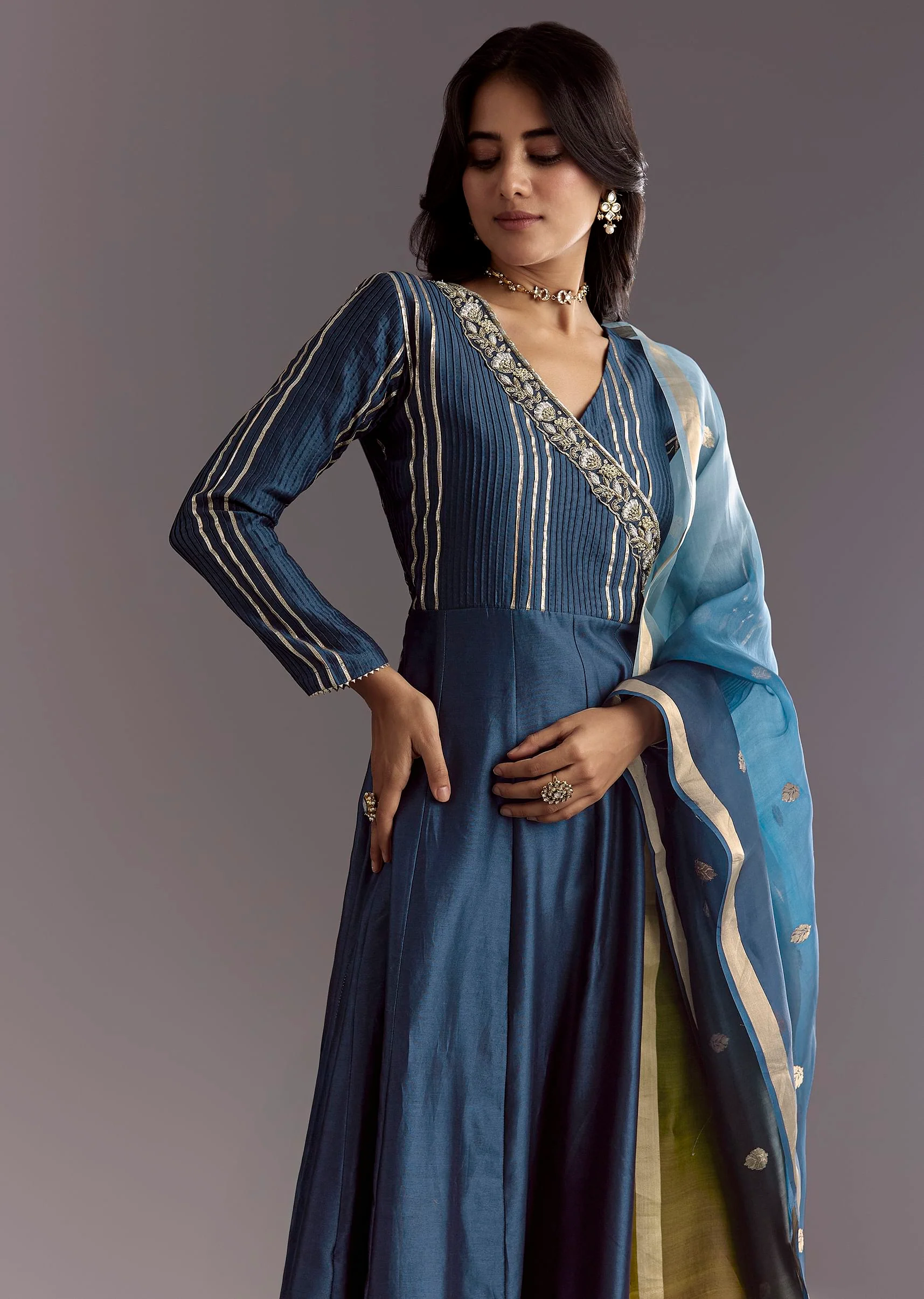 Blue Angrakha Style Anarkali Suit With Butti Work Ombre Dupatta - Image 4