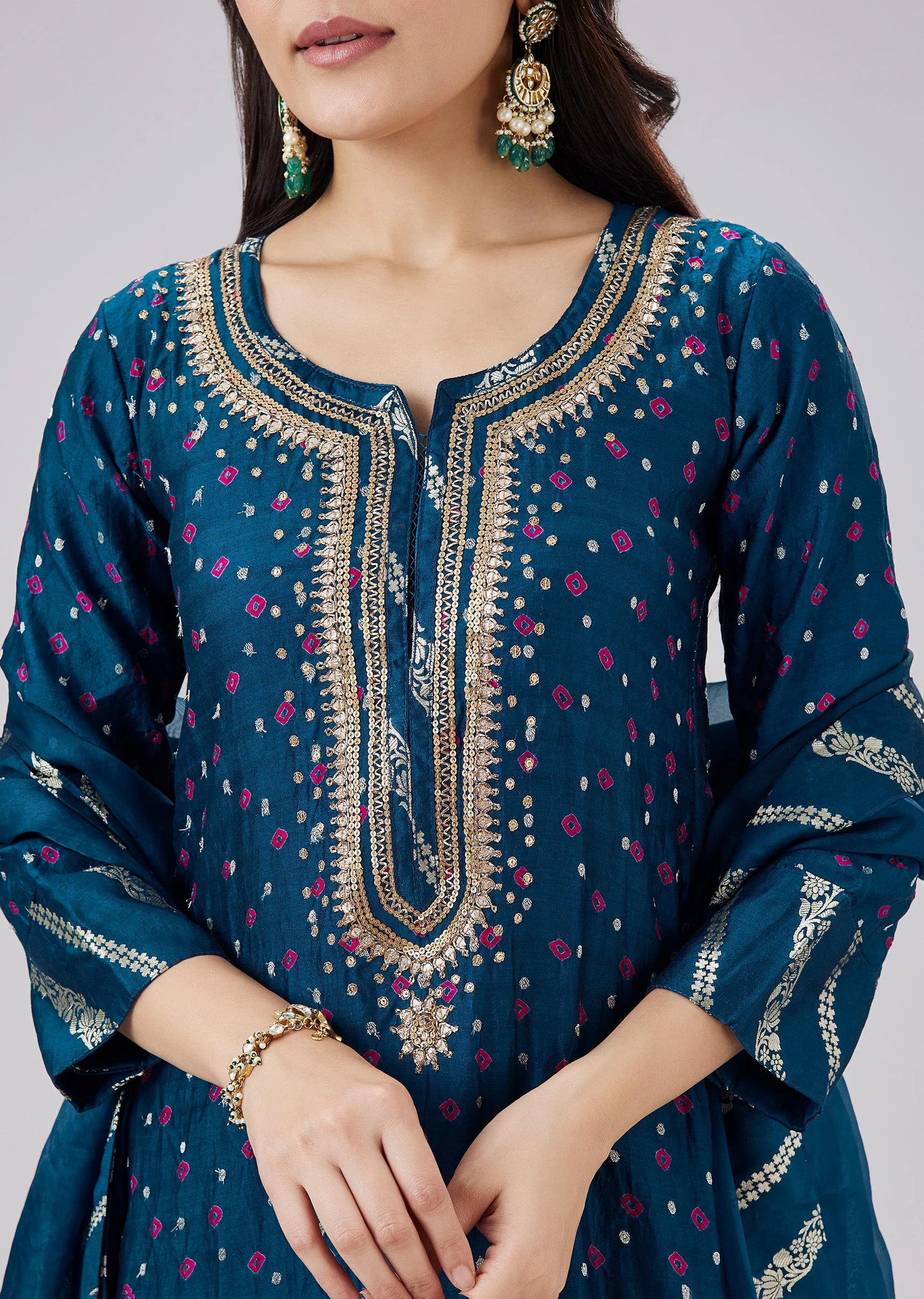 Blue Banarasi Bandhani Kurta Set With Dupatta - Image 2