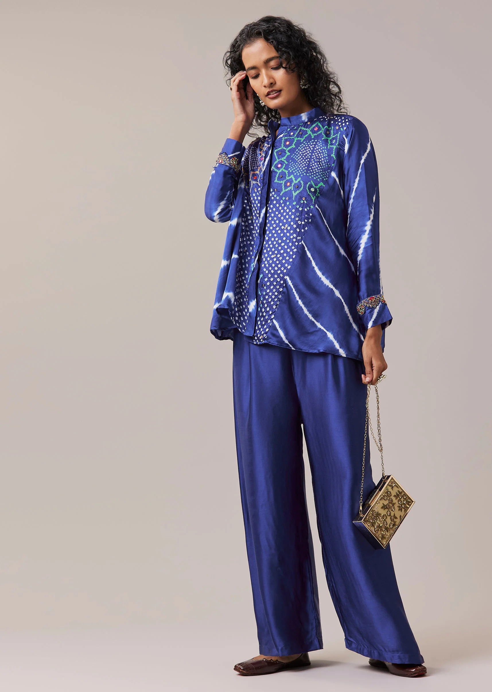 Blue Bandhani and Leheriya Hand Dyed Shirt Pant Set - Image 3