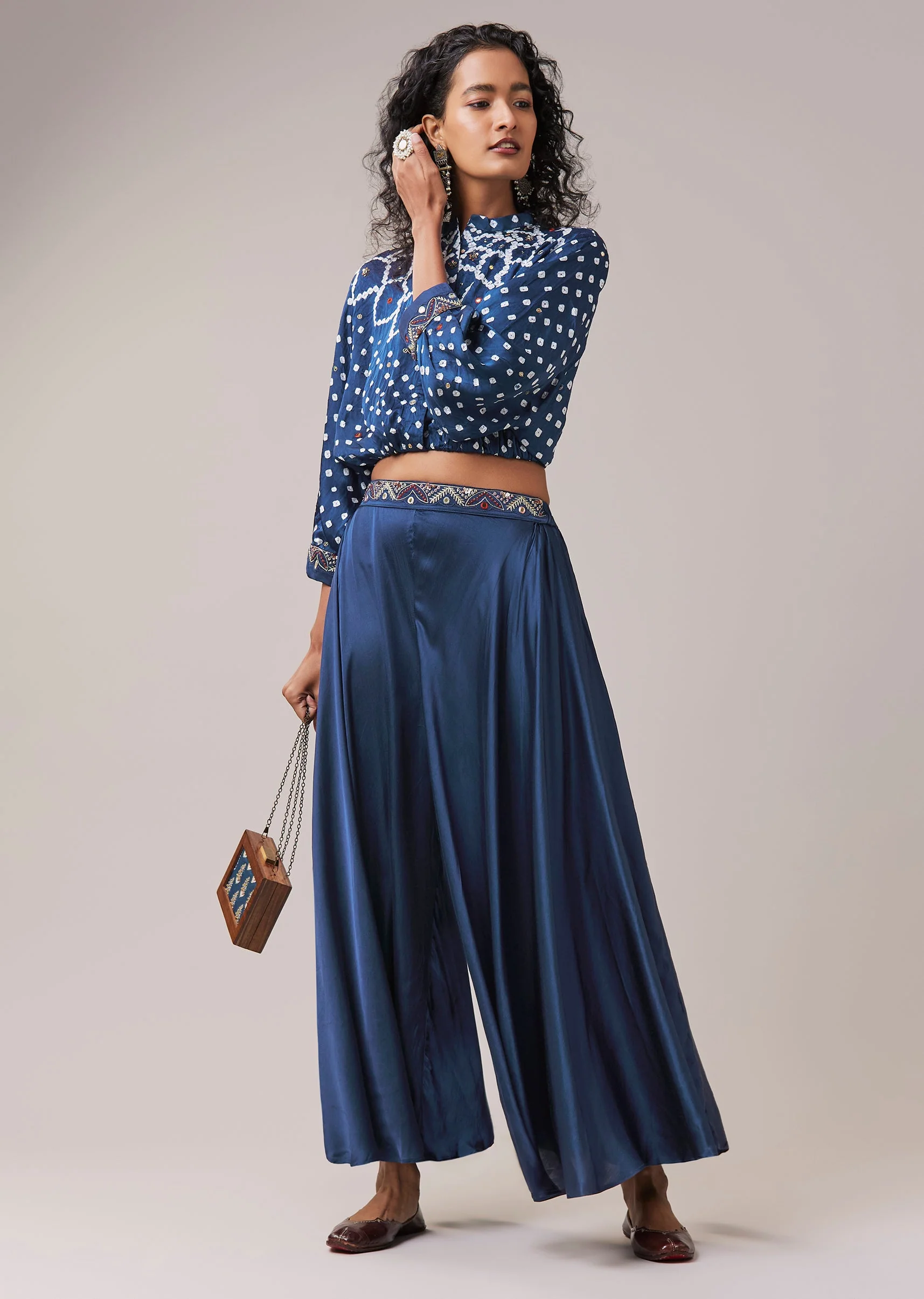 Blue Bandhani Hand Dyed Crop Top and Palazzo Set