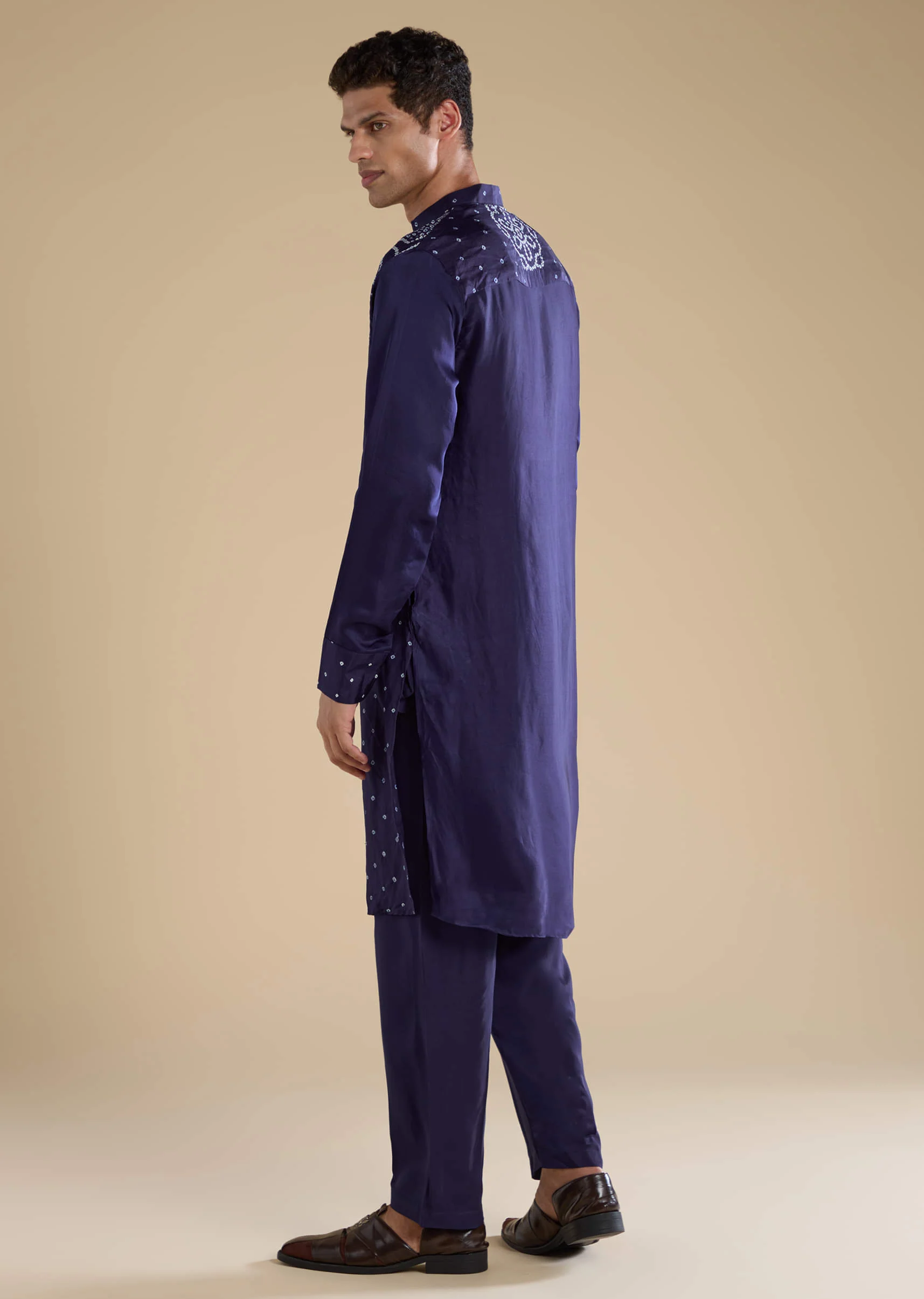 Blue Bandhani Silk Mens Straight Kurta Pant Set - Image 5