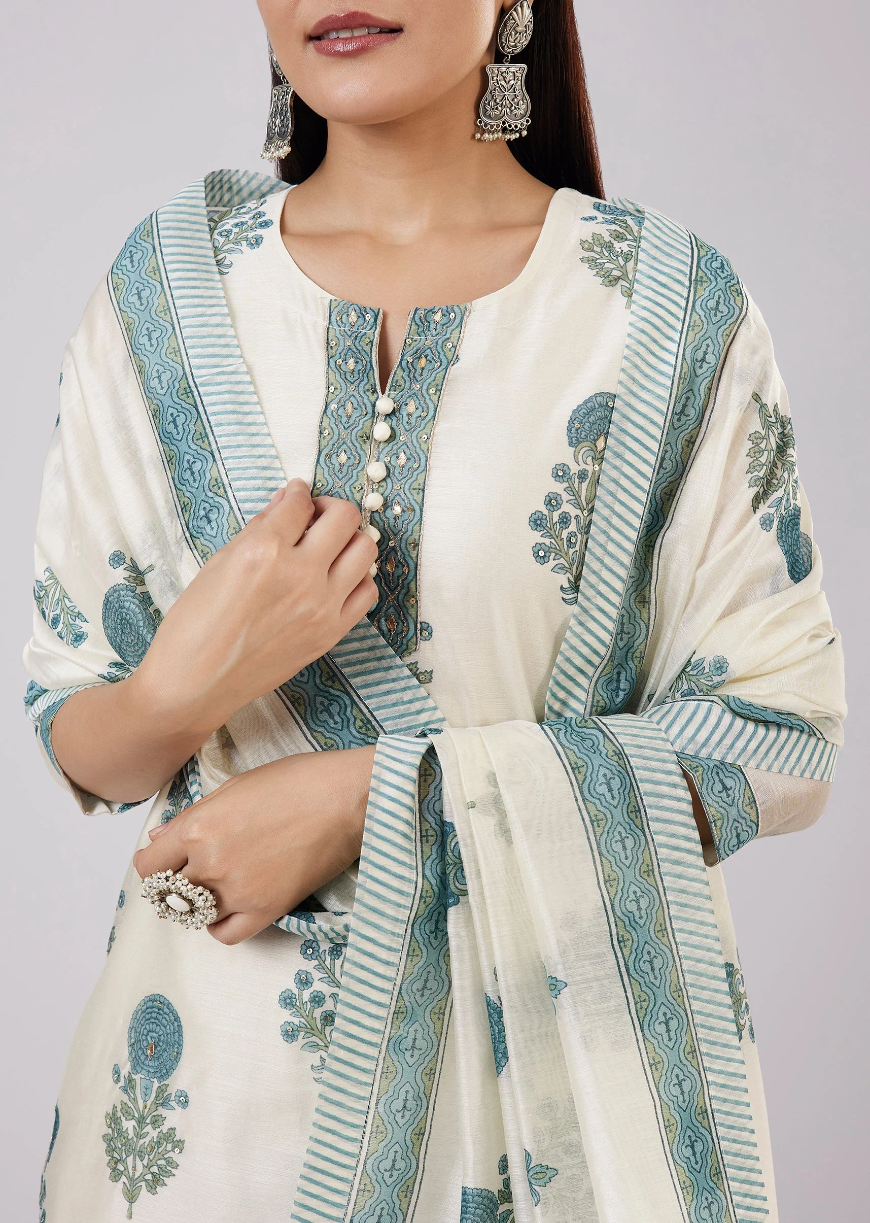 Blue Chanderi Hand Block Print With Embroidered Kurta - Image 2