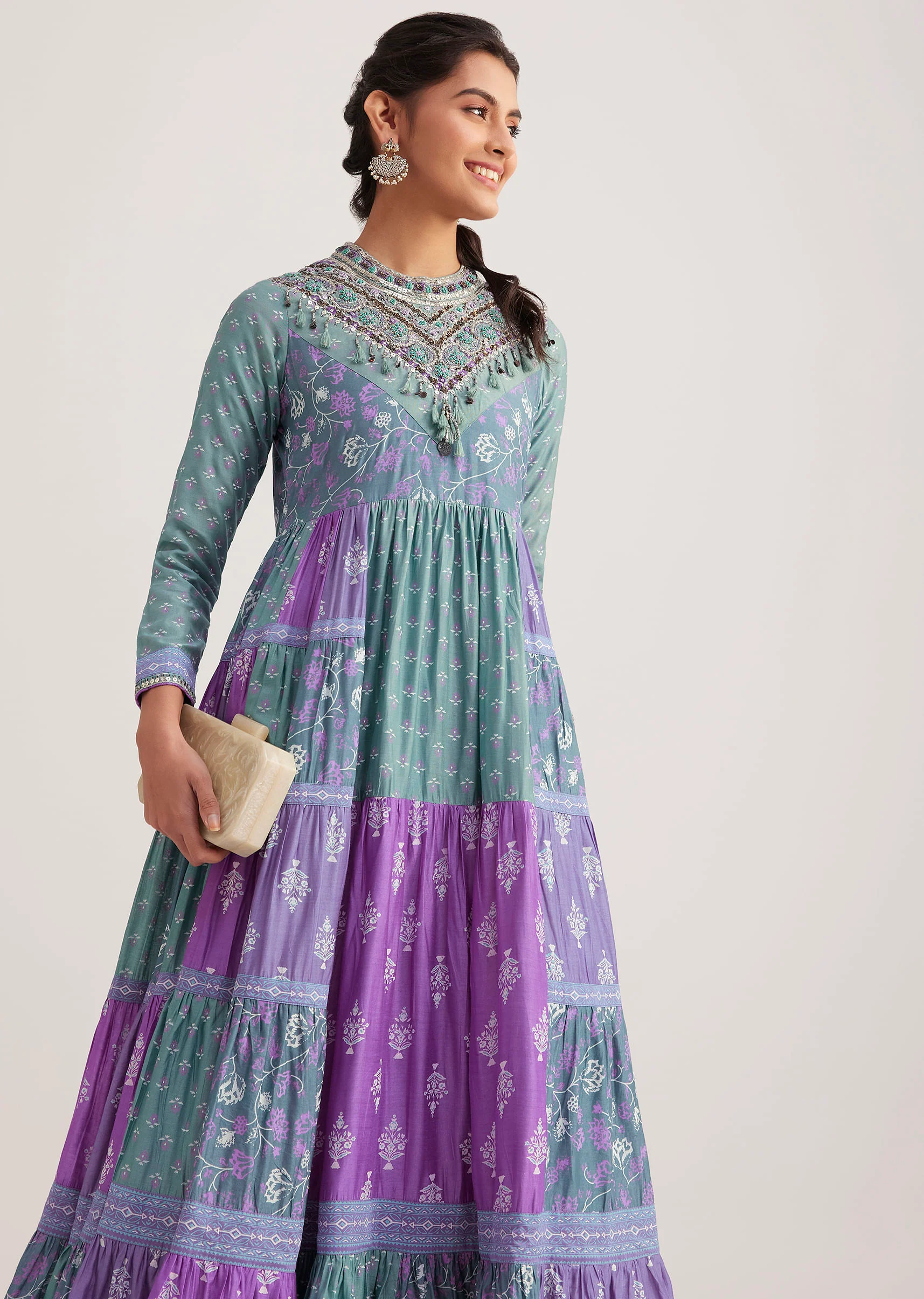 Blue Chanderi Kurta With Purple Block Print - Image 4