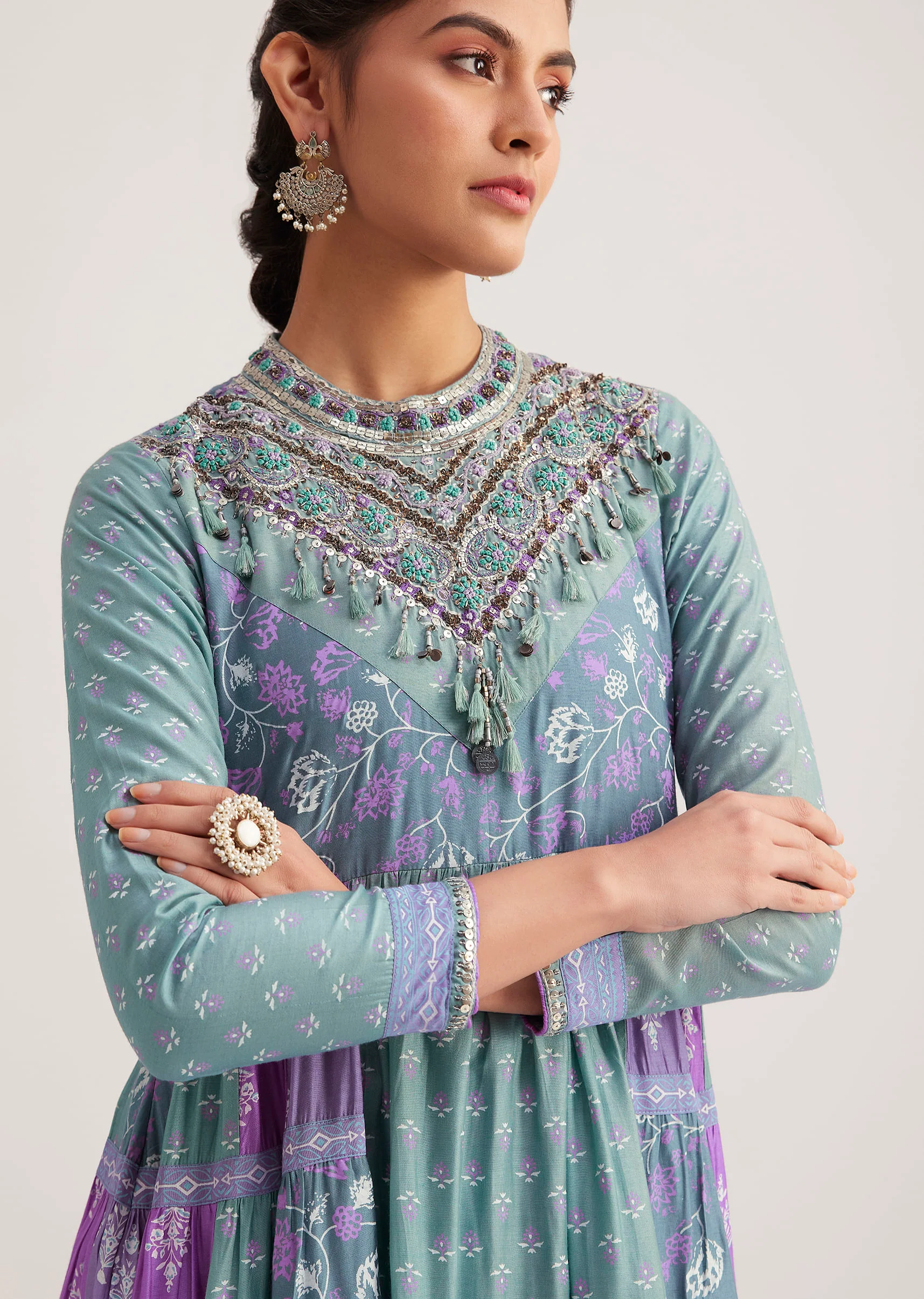 Blue Chanderi Kurti With Purple Block Print - Image 2
