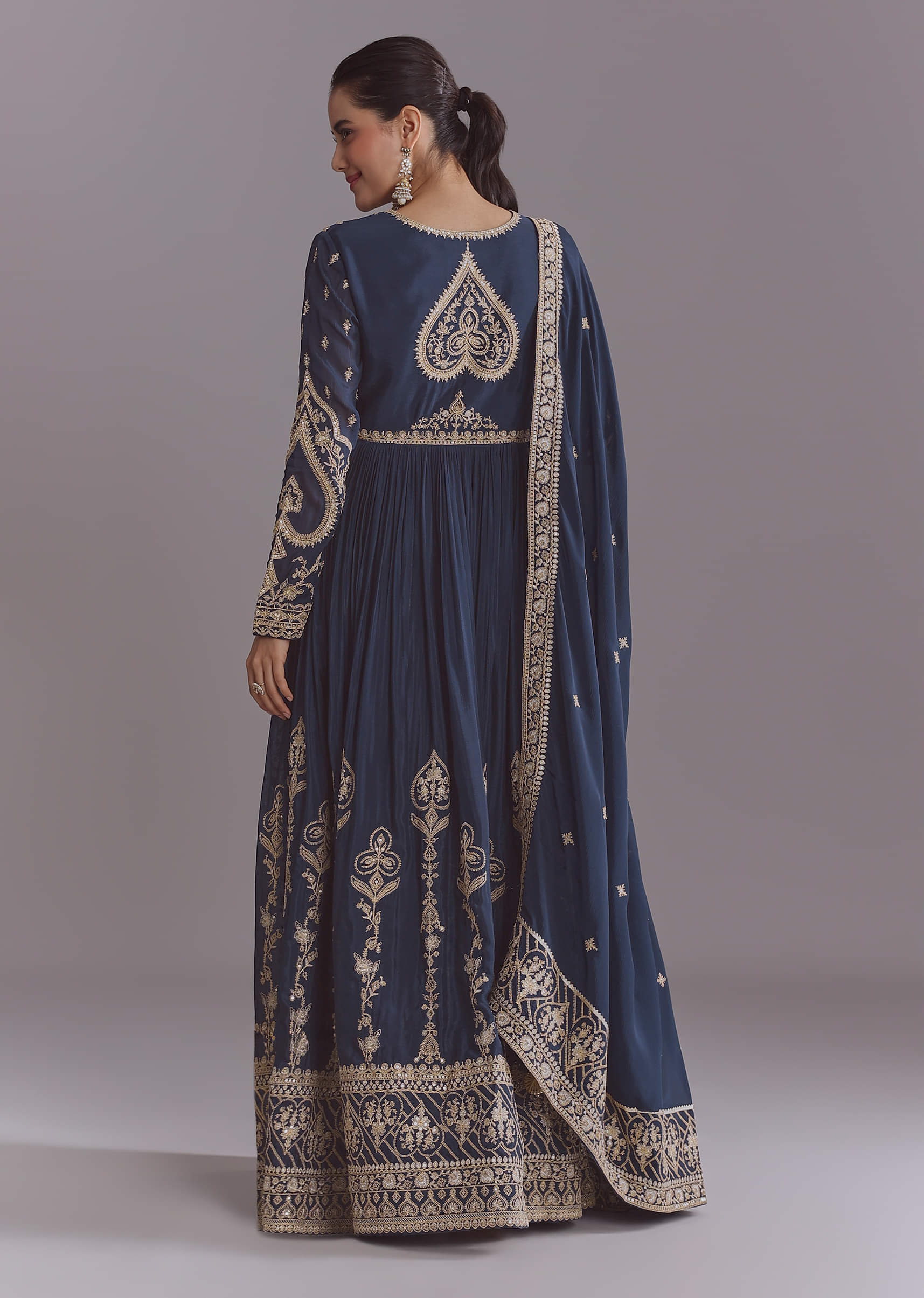 Blue Chinon Anarkali Suit With Embroidery And Front Slit - Image 5