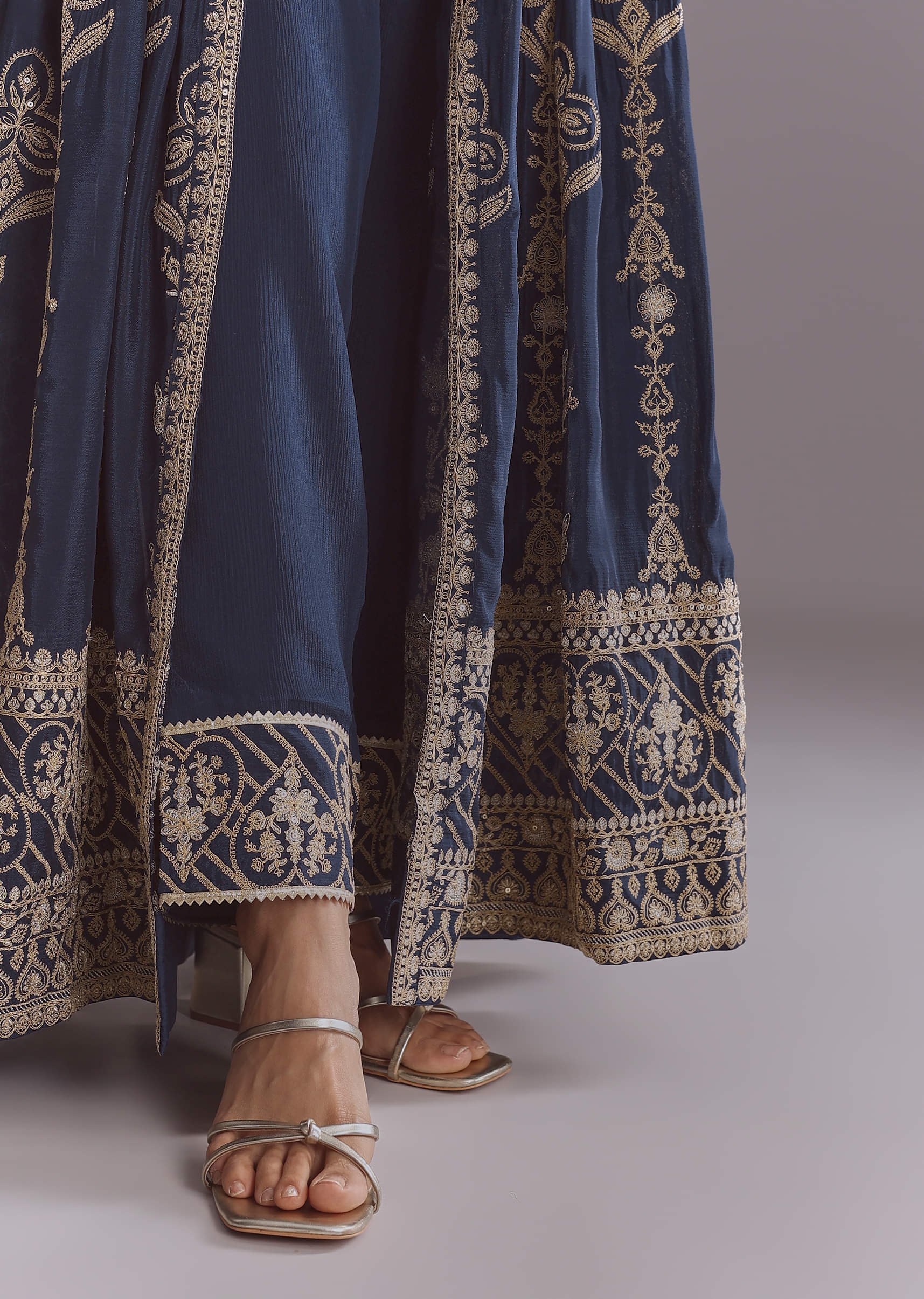 Blue Chinon Anarkali Suit With Embroidery And Front Slit - Image 6