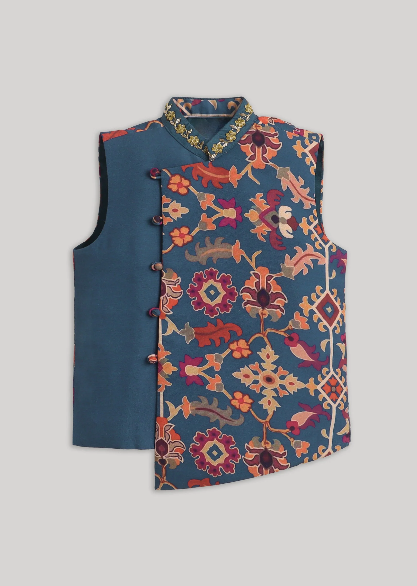 Blue Cotton Kurta Jacket Set With Floral Embroidered Nehru Jacket - Image 5
