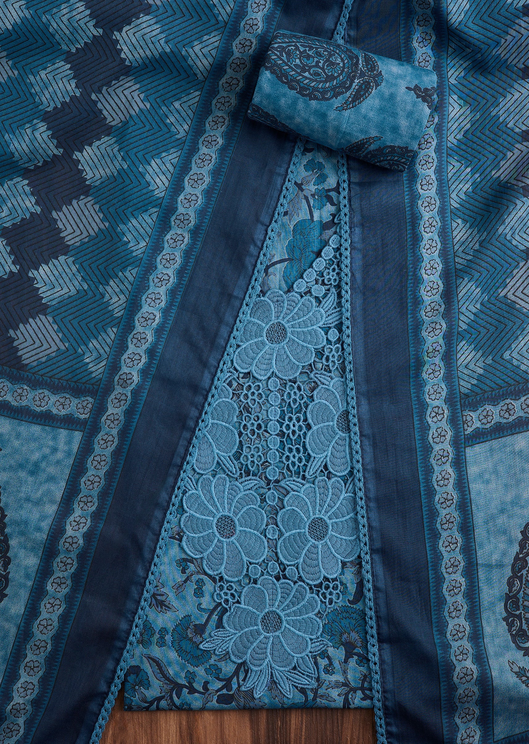 Blue Cotton Lace Suit Set