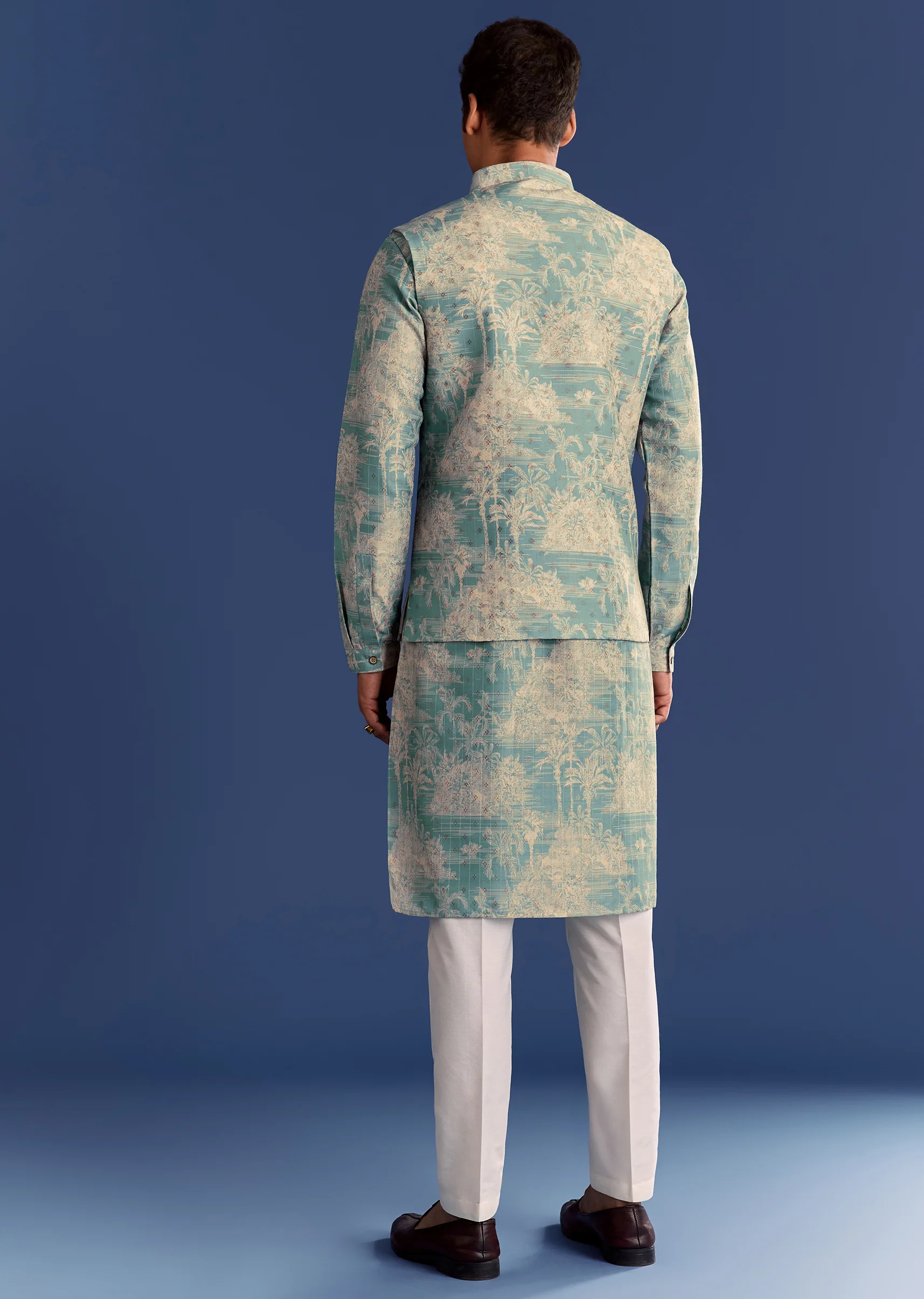 Blue Cotton Silk Kurta Jacket Set With Coastal Print - Image 5