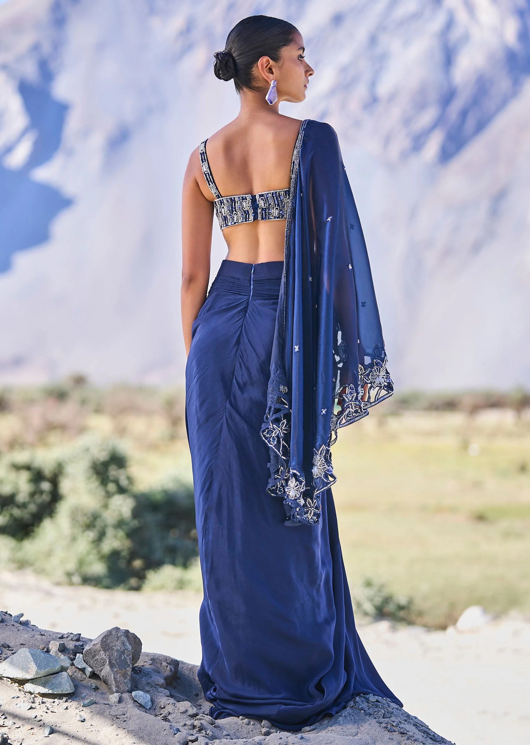 Blue Crepe Draped Skirt With Embroidered Blouse And Cape - Image 5
