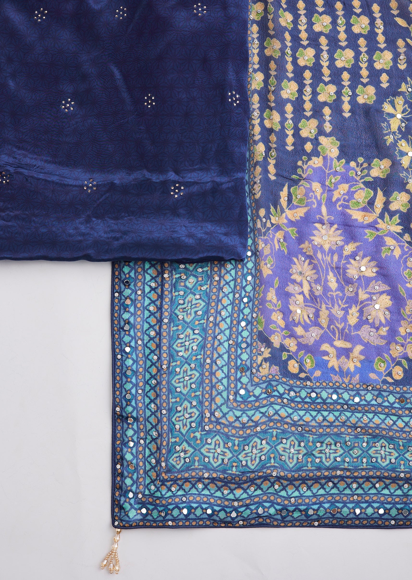 Blue Crepe Embroidered Unstitched Suit Set With Dupatta - Image 3
