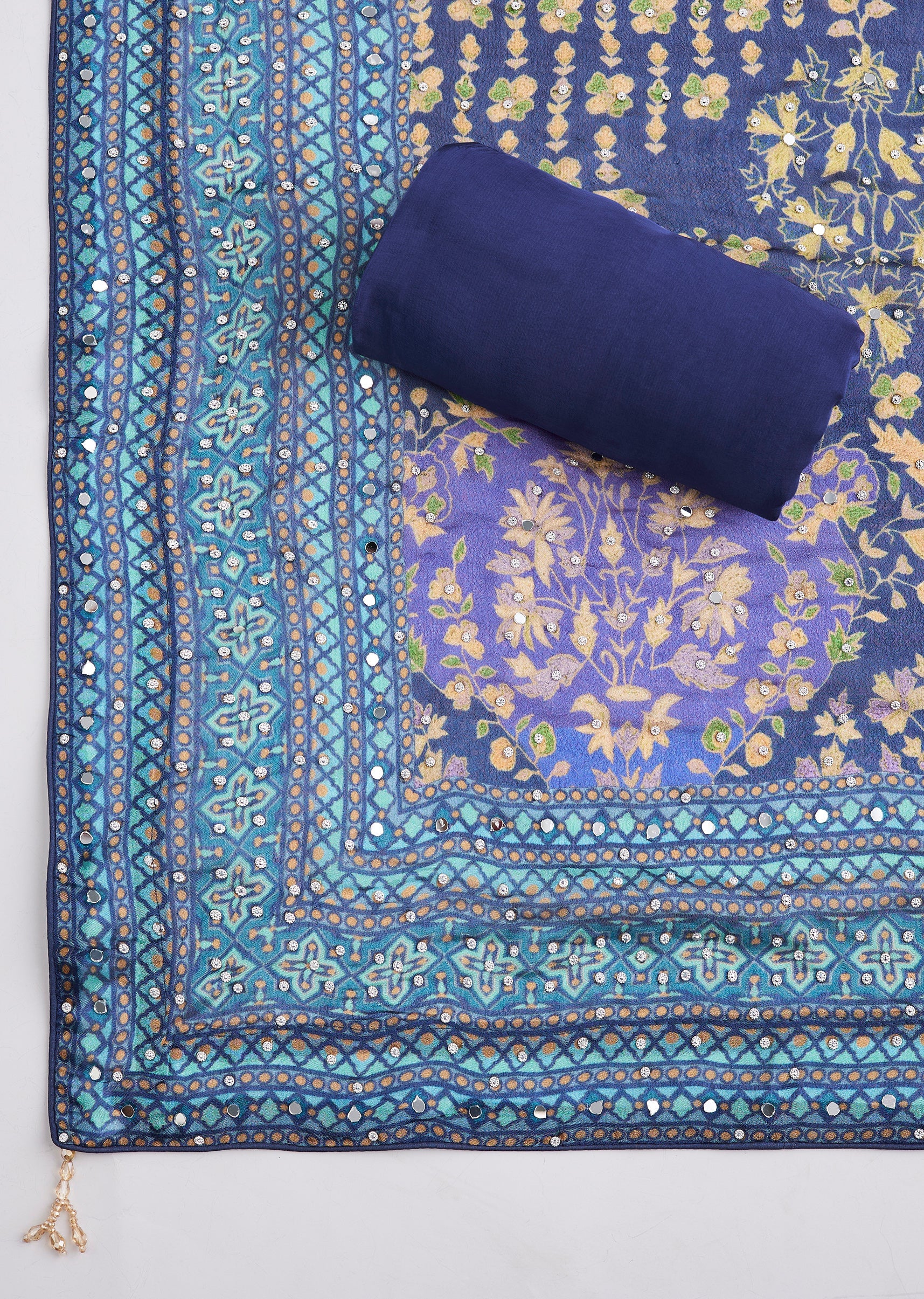 Blue Crepe Embroidered Unstitched Suit Set With Dupatta - Image 4