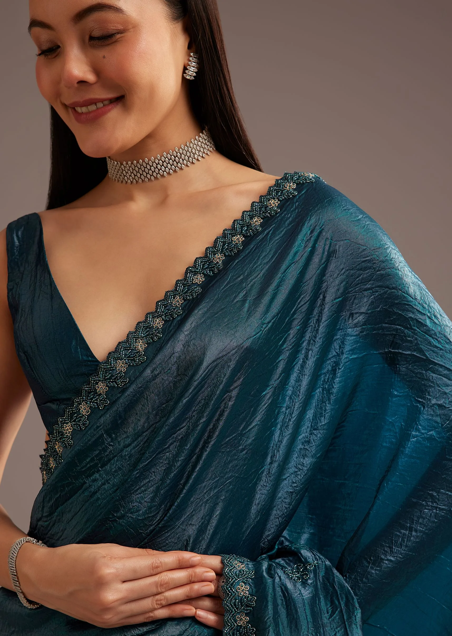 Blue Crushed Tissue Silk Saree With Cutdana Scallop Border - Image 3
