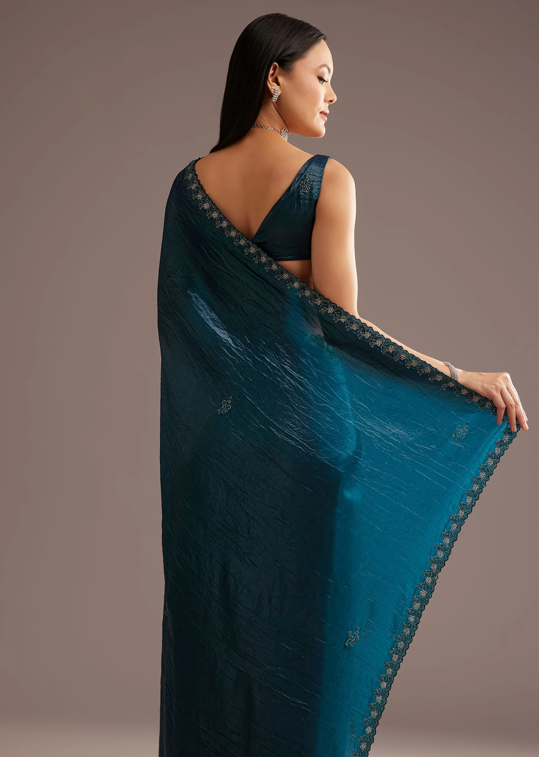 Blue Crushed Tissue Silk Saree With Cutdana Scallop Border - Image 6