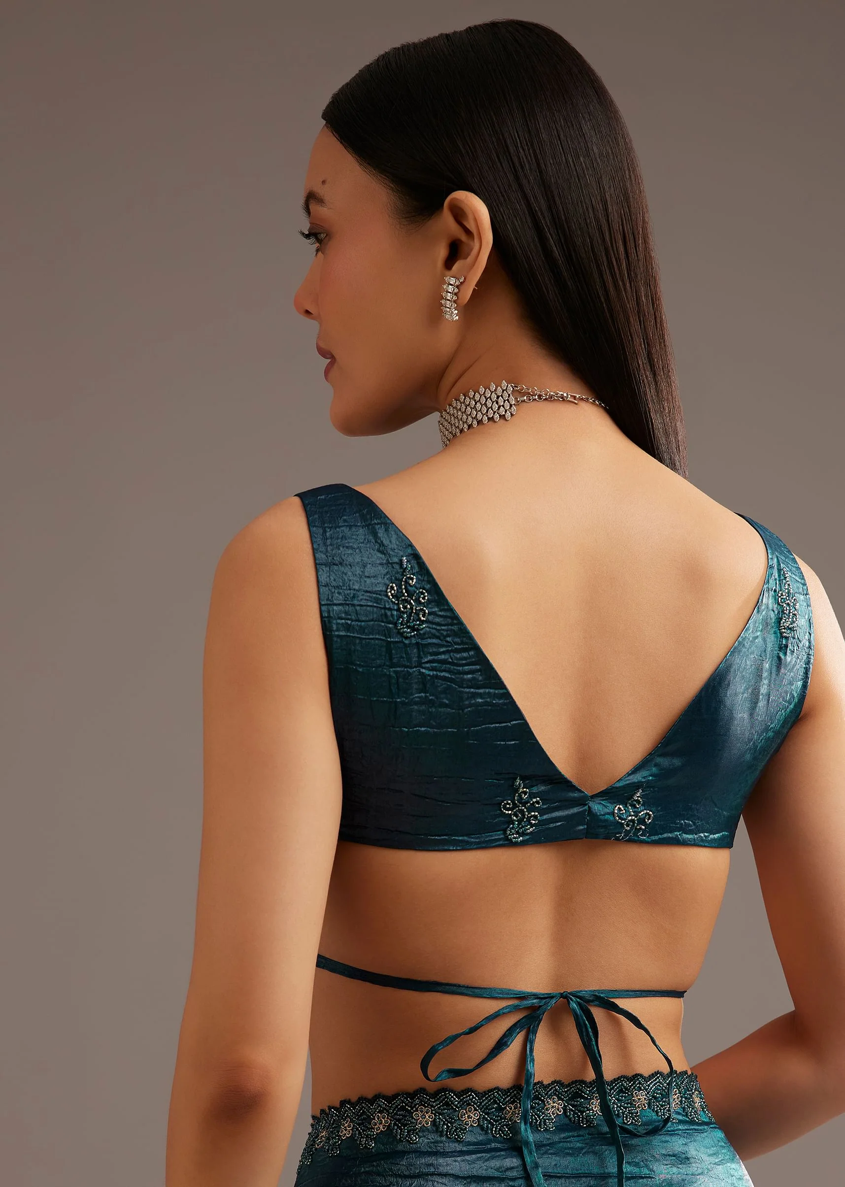 Blue Crushed Tissue Silk Saree With Cutdana Scallop Border - Image 8