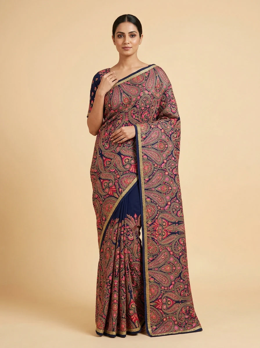 Blue Dark Bold Embroidered Saree