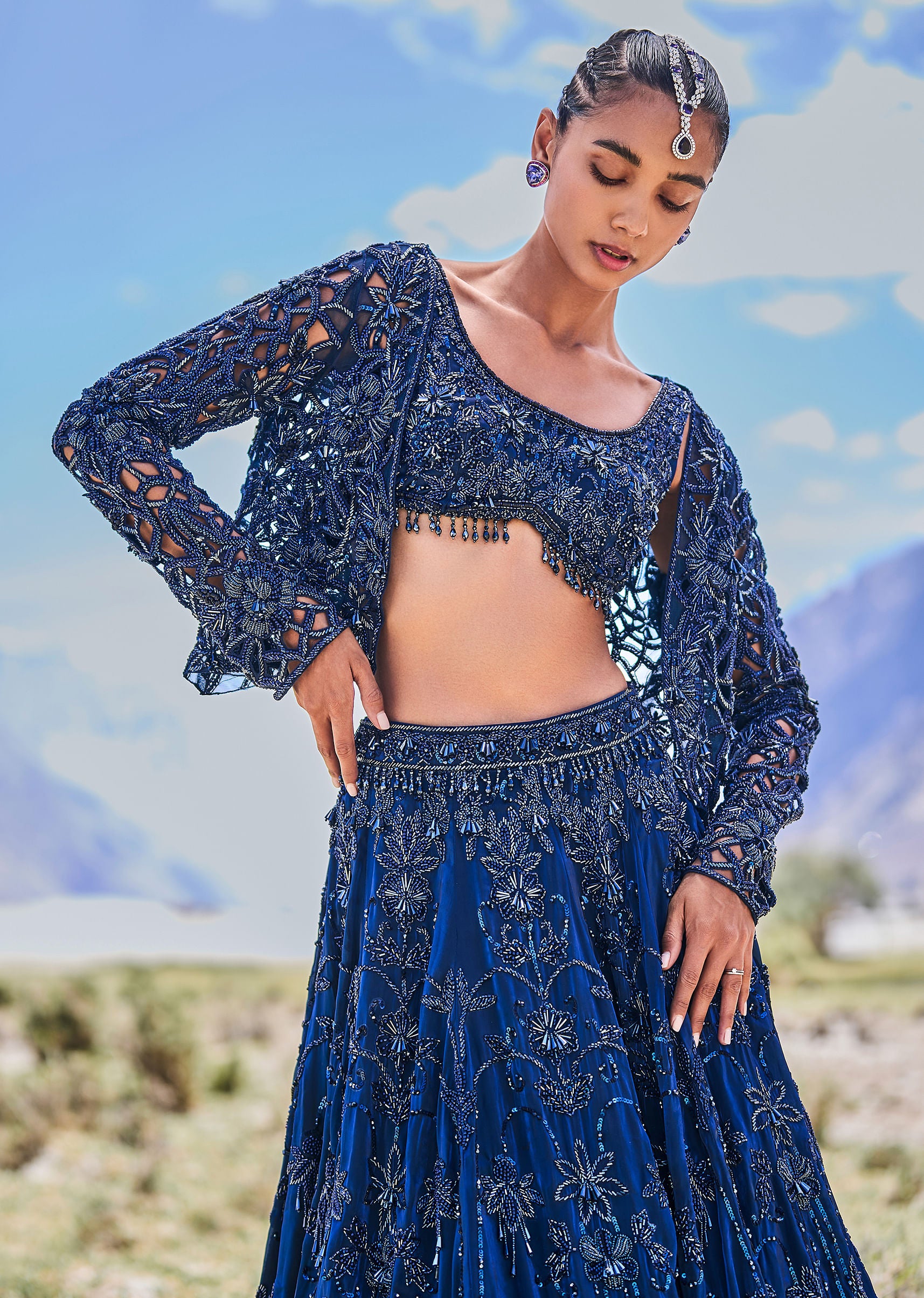 Blue Embroidered 10 Kali Lehenga With Blouse And Jacket - Image 5