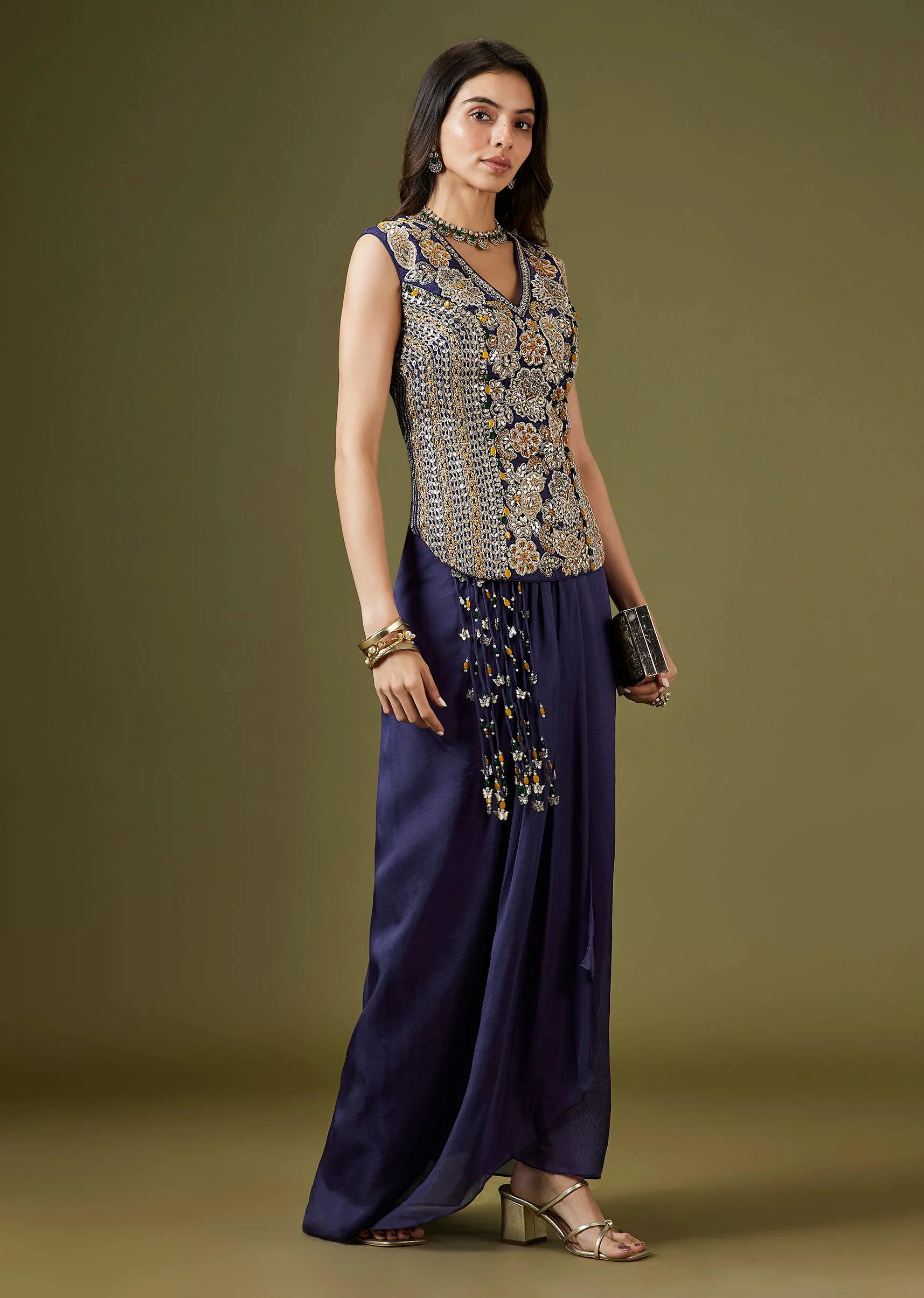 Blue Embroidered Crop Top Drape Skirt Set - Image 3