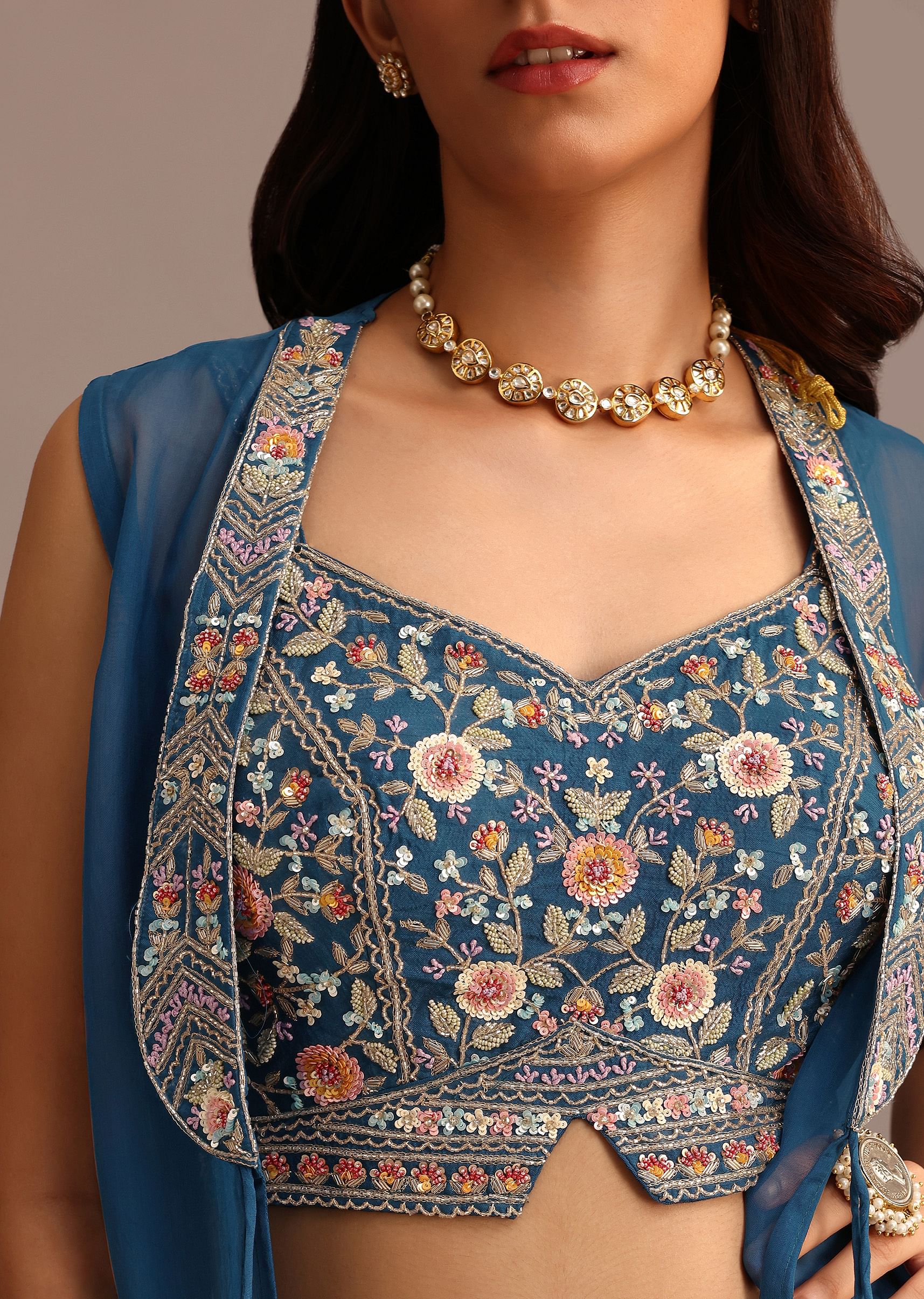 Blue Embroidered Croptop With Drape Skirt And Organza Jacket - Image 2