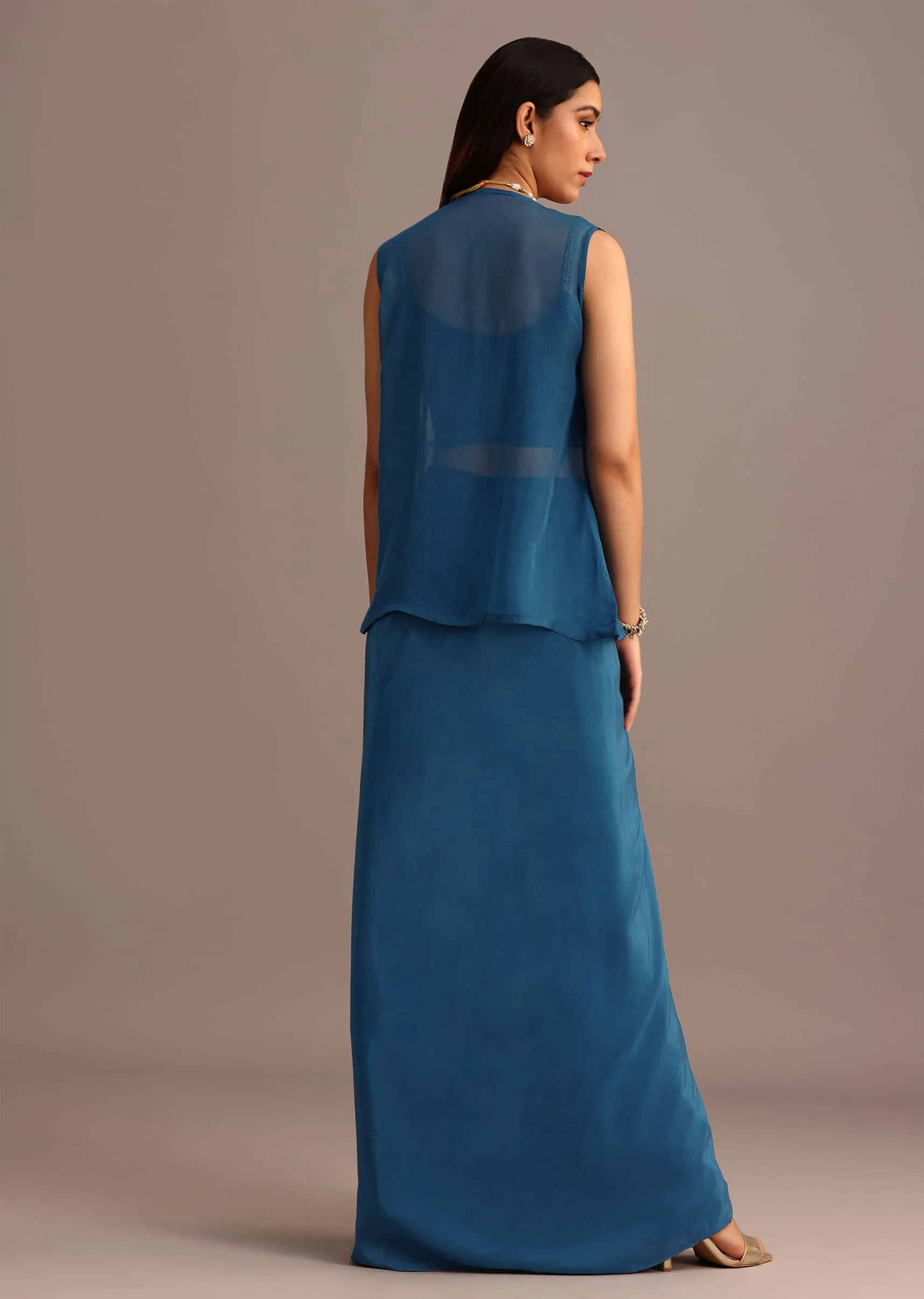 Blue Embroidered Croptop With Drape Skirt And Organza Jacket - Image 5