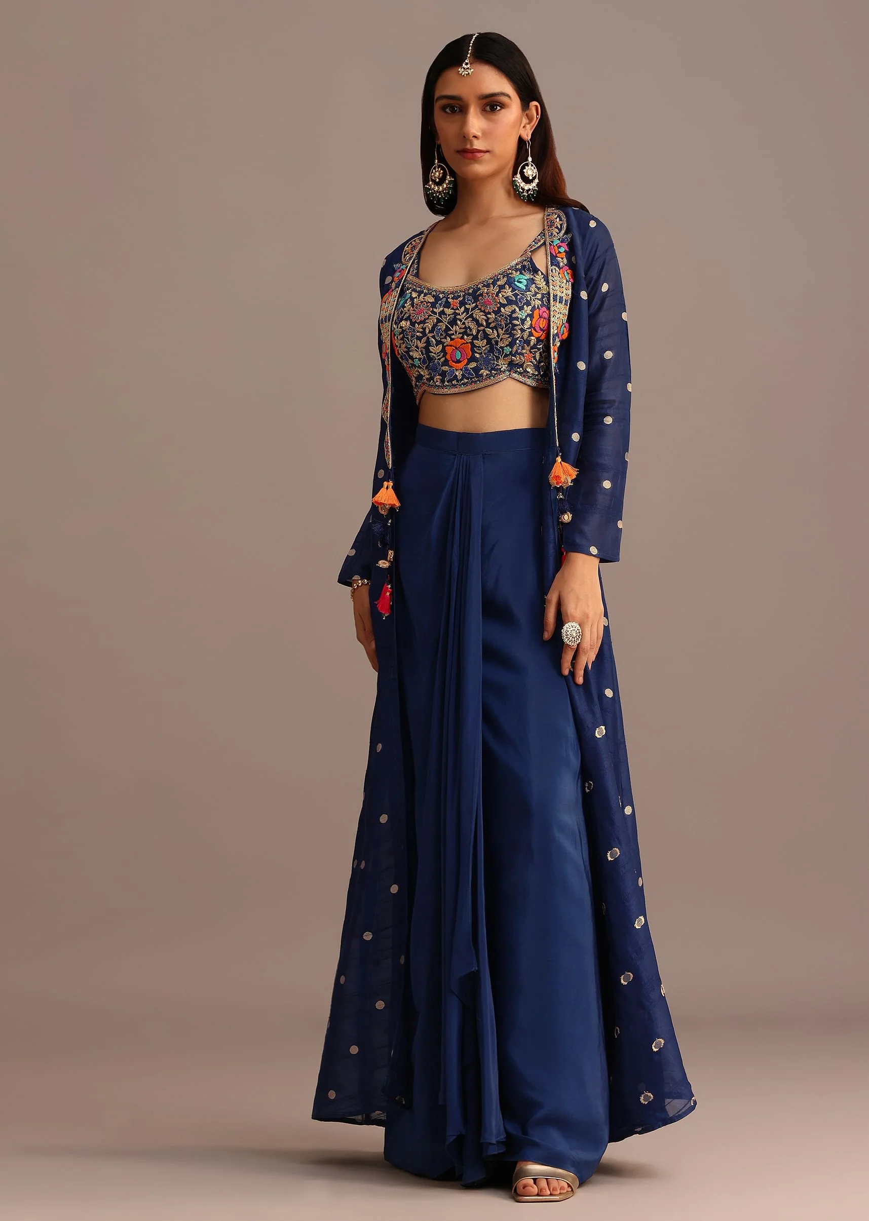 Blue Embroidered Croptop With Drape Skirt And Tussar Jacket - Image 3