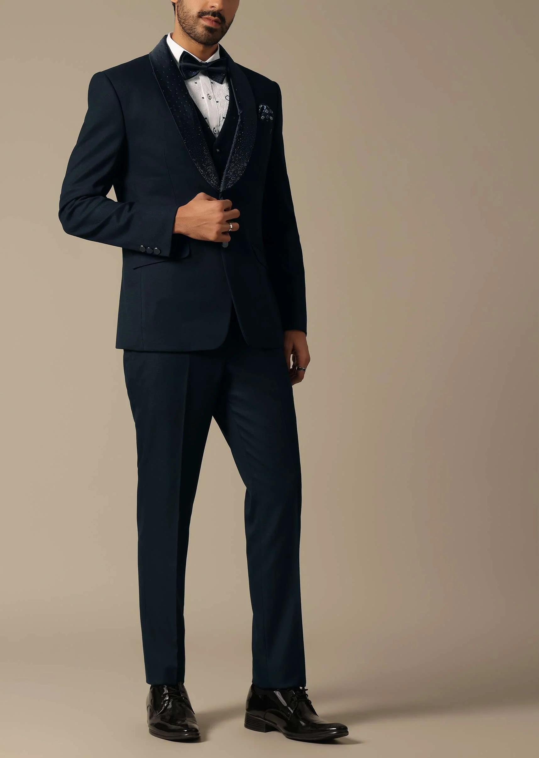 Blue Embroidered Neckline Tuxedo Set - Image 4