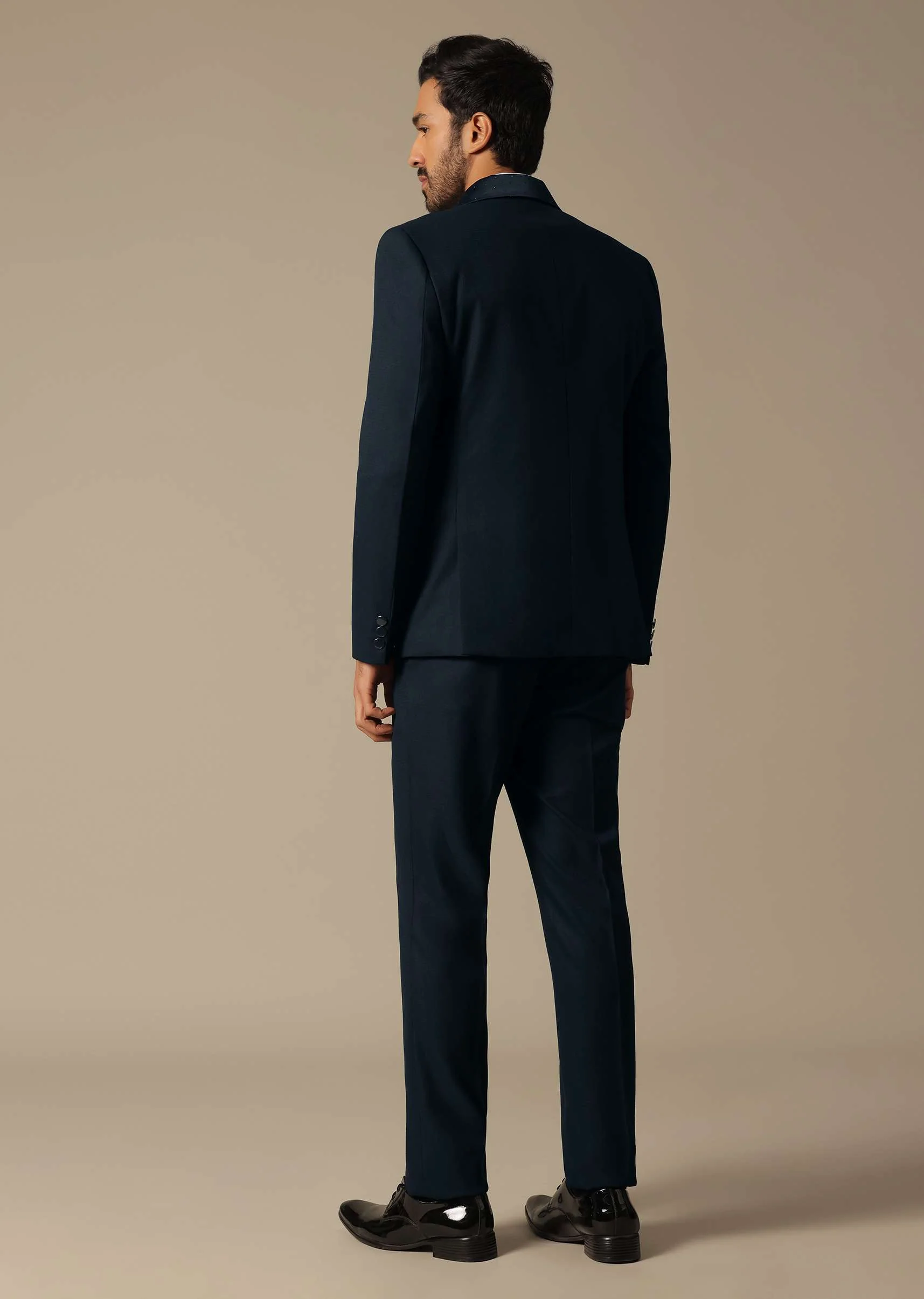 Blue Embroidered Neckline Tuxedo Set - Image 5