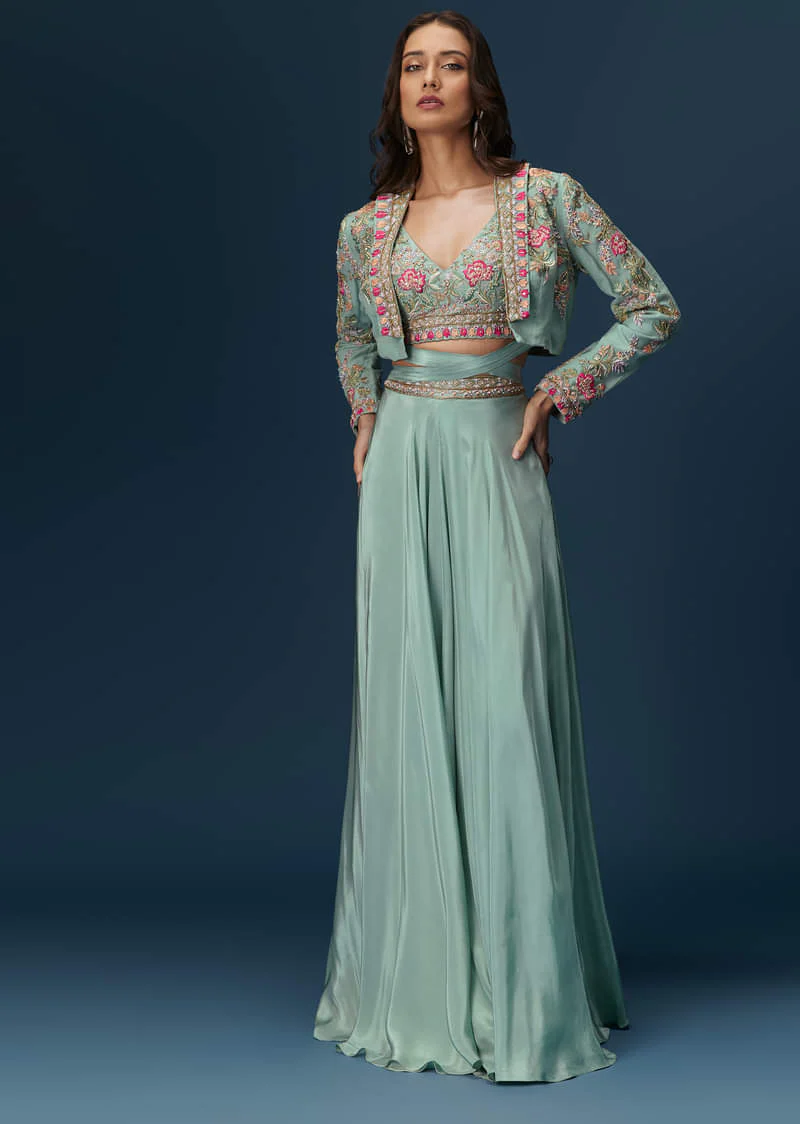 Blue Embroidered Palazzo Set With Coordinated Jacket And Blouse - Image 2
