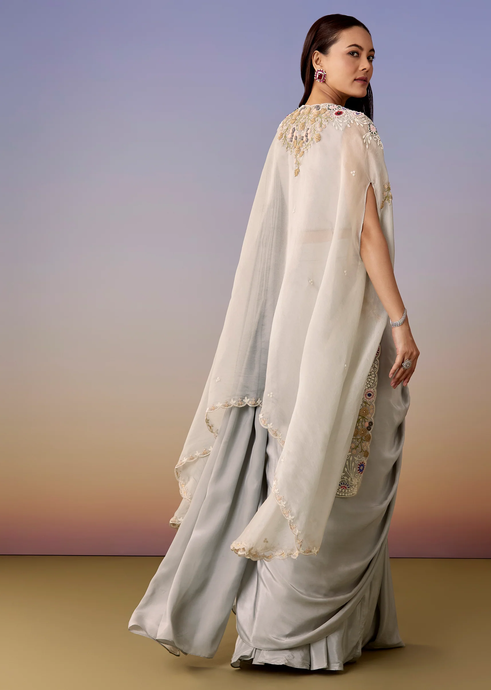 Blue Festive Duo – Cape Pre Draped Saree Set For Her And Silk Kurta Jacket Set For Him - Image 6