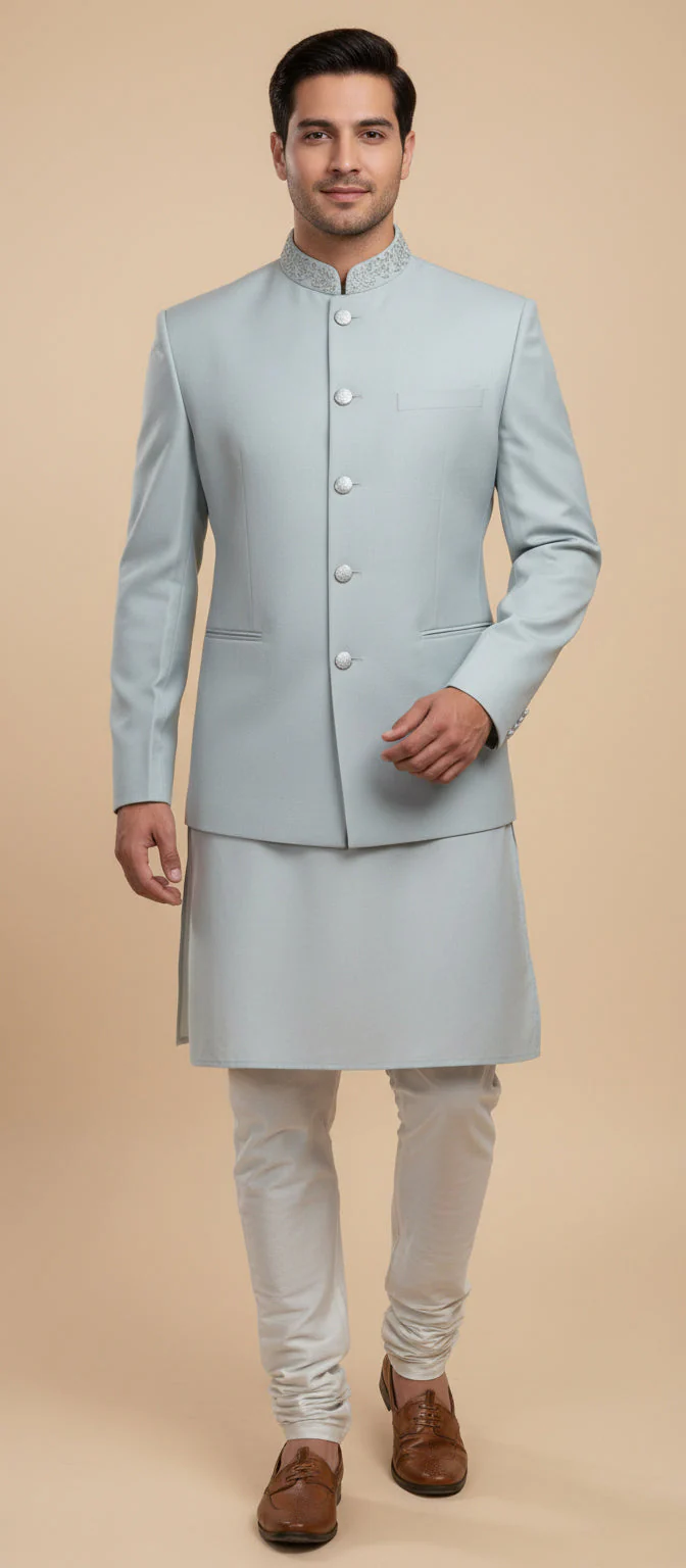 Blue Festive Jacket Kurta Set - Image 2