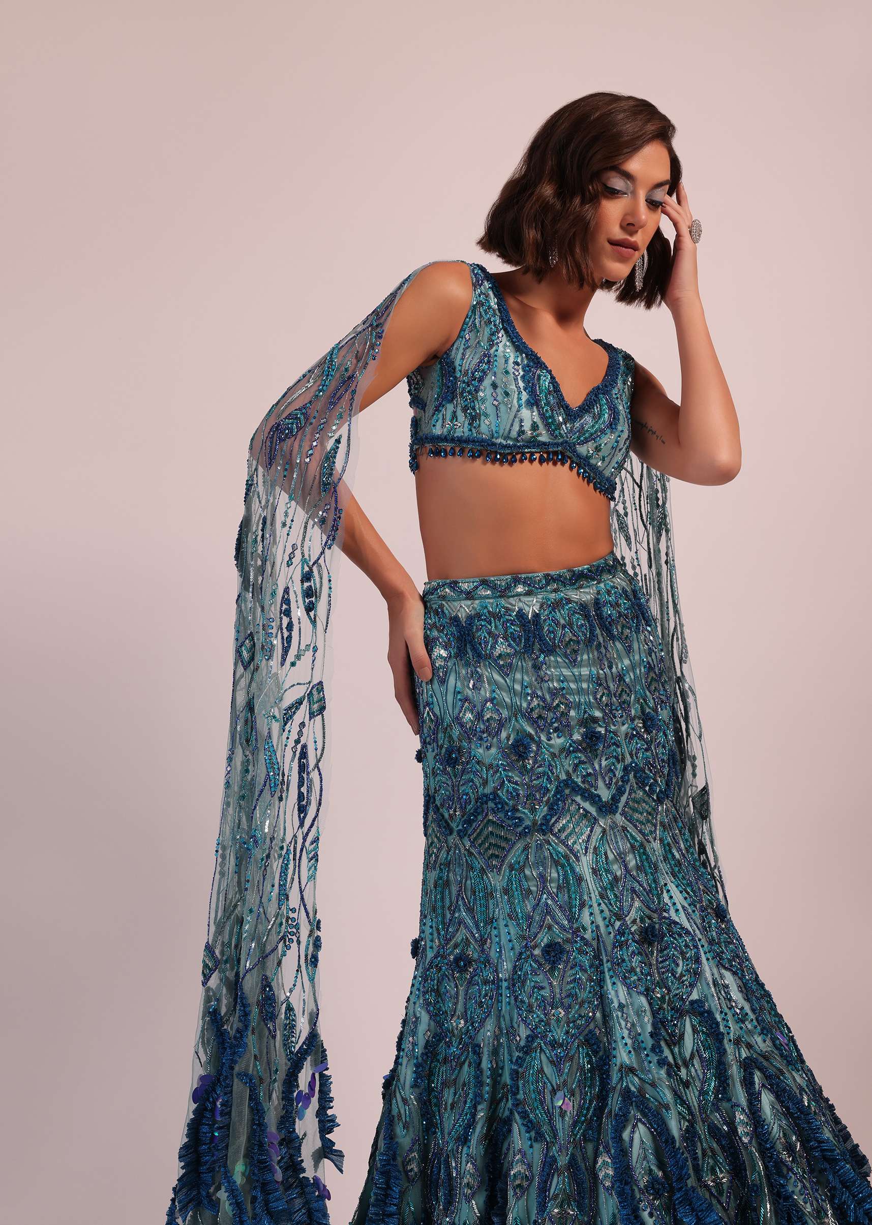 Blue Fish Cut Bridal Lehenga Set With Long Trail Sleeves And Heavy Embroidery - Image 4