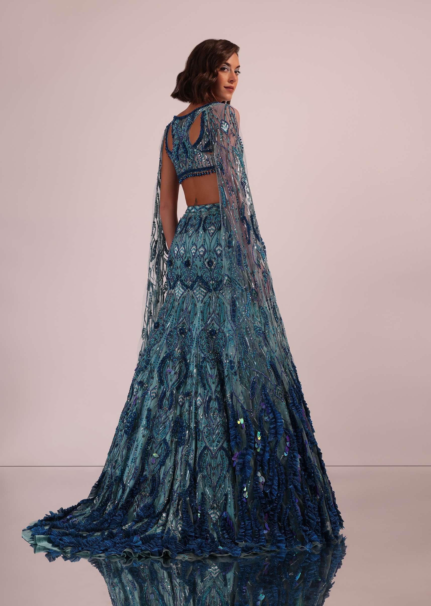 Blue Fish Cut Bridal Lehenga Set With Long Trail Sleeves And Heavy Embroidery - Image 5