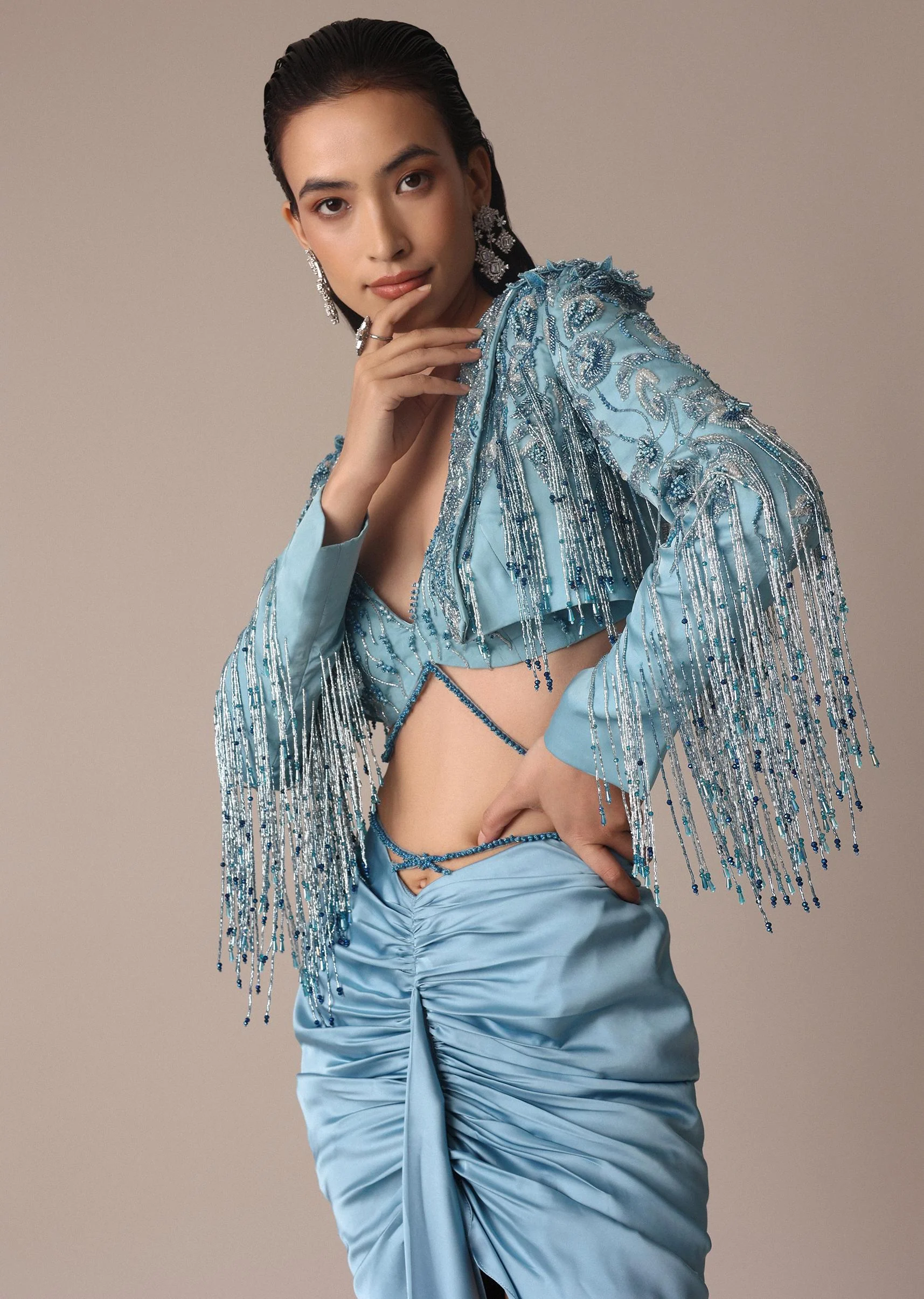 Blue Fish Cut Gathered Zardosi Draped Skirt And Tassel Jacket Set - Image 4