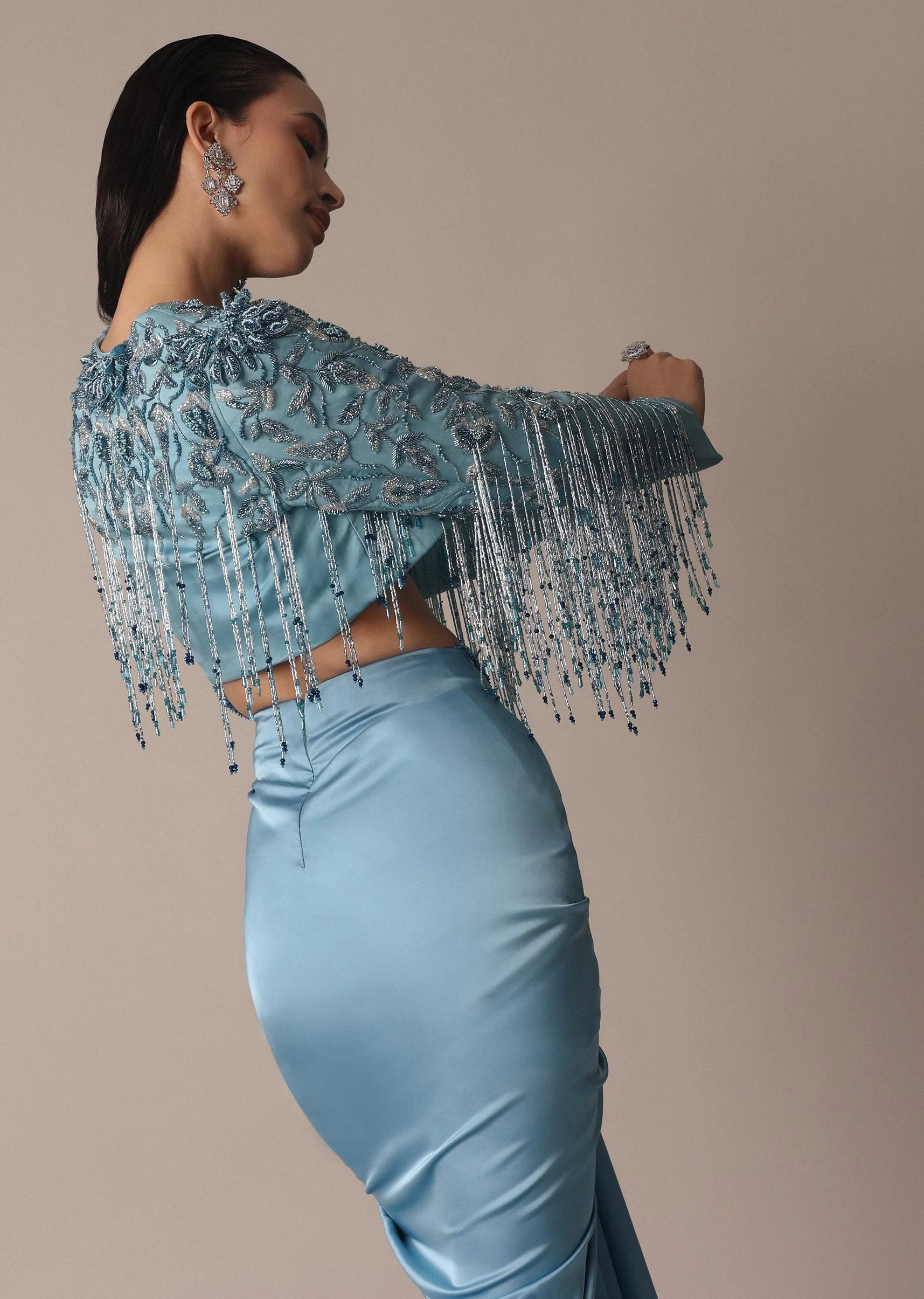 Blue Fish Cut Gathered Zardosi Draped Skirt And Tassel Jacket Set - Image 7