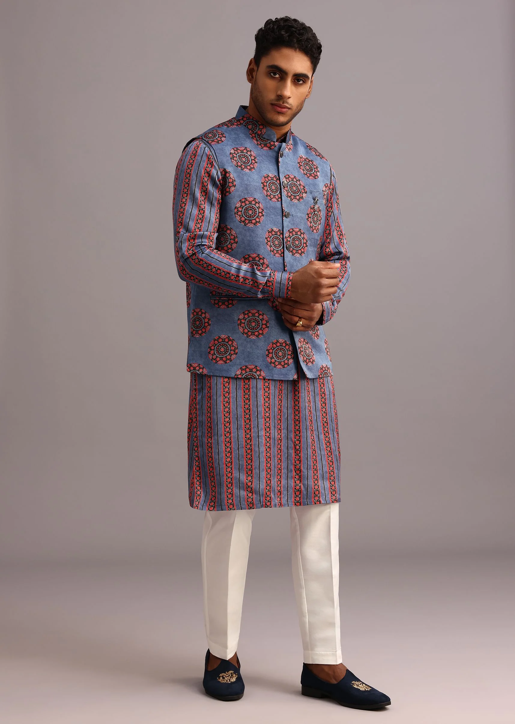 Blue Floral And Stripe Print Jacket Kurta Set In Silk