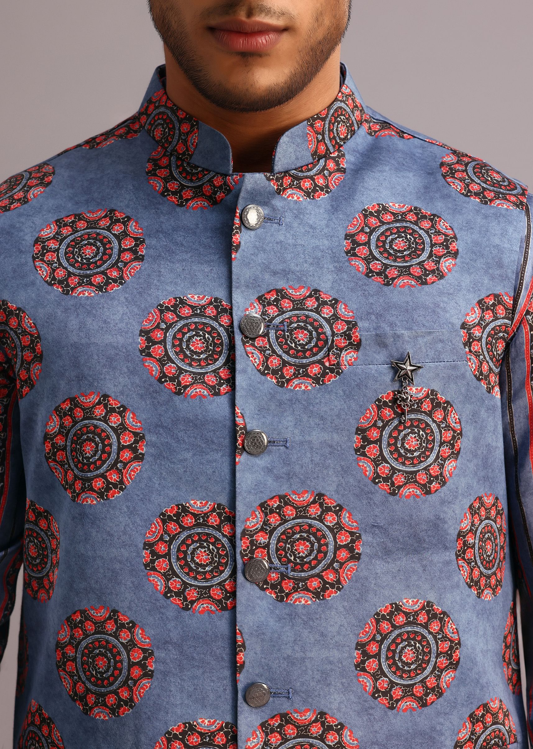 Blue Floral And Stripe Print Jacket Kurta Set In Silk - Image 2