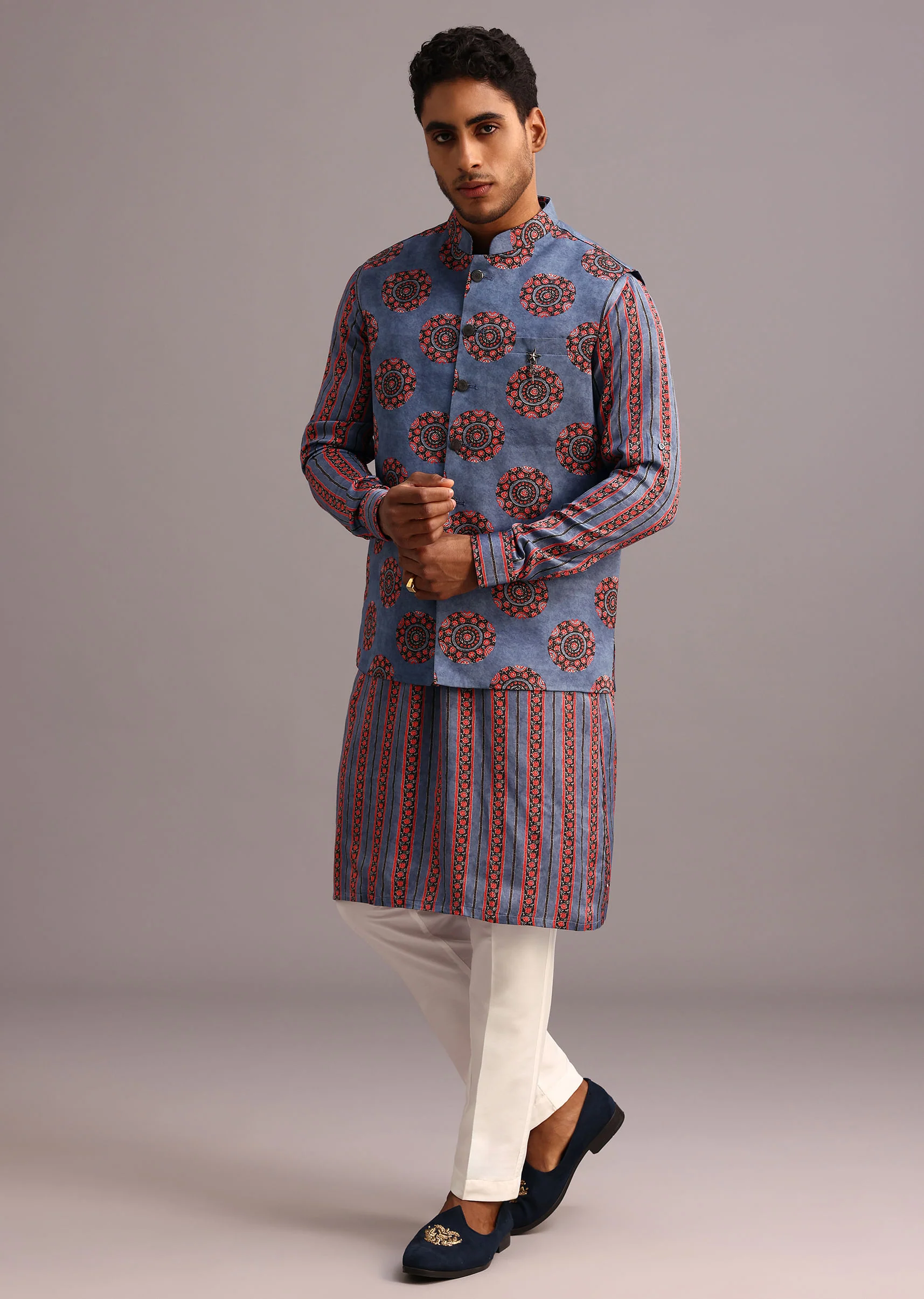 Blue Floral And Stripe Print Jacket Kurta Set In Silk - Image 3